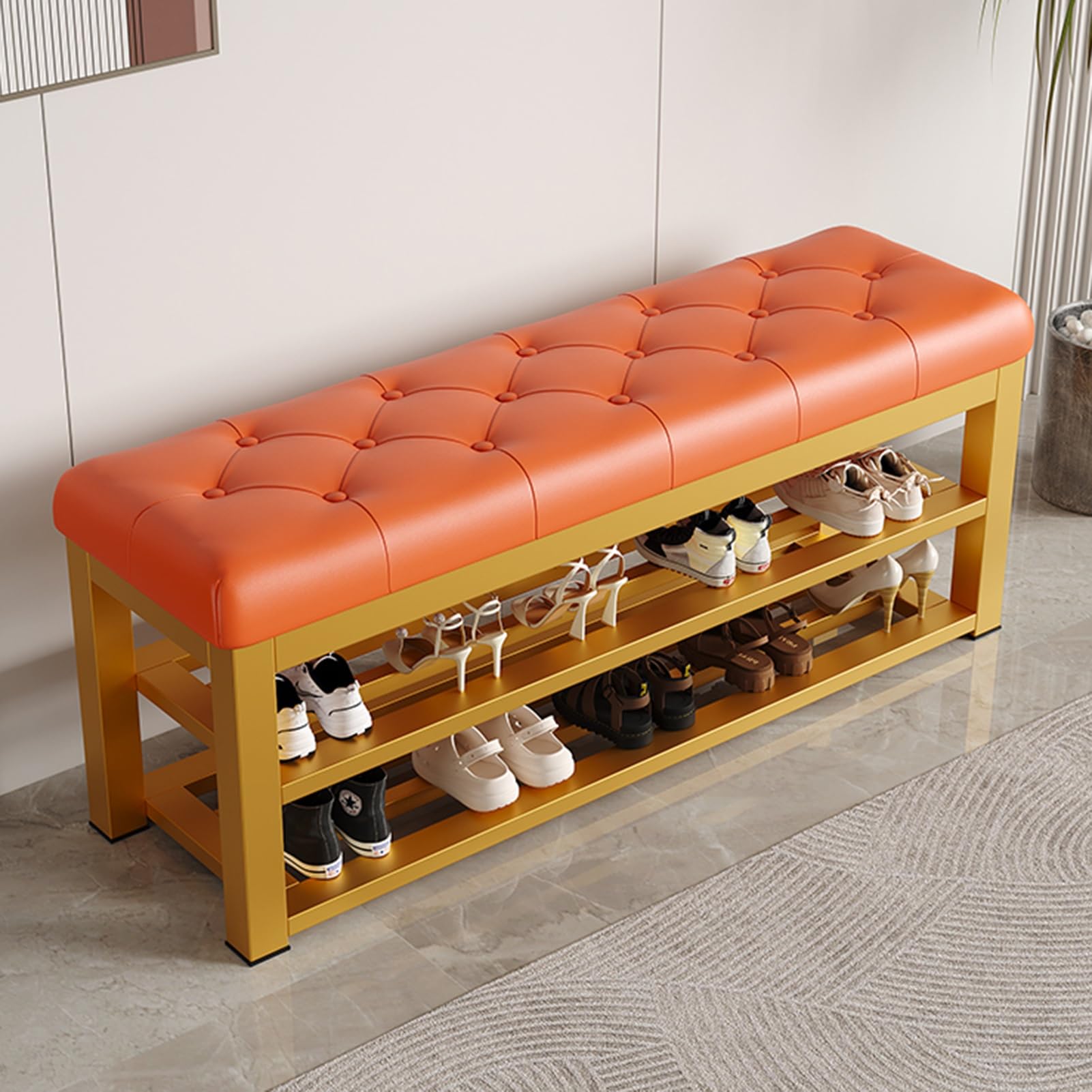 LWJSOCP Cushioned Shoe Bench with 2 Tier Faux Leather & Metal Frame Entryway Storage Stylish Hallway Furniture for Bedroom Living Room Gold 120cm/47.2in