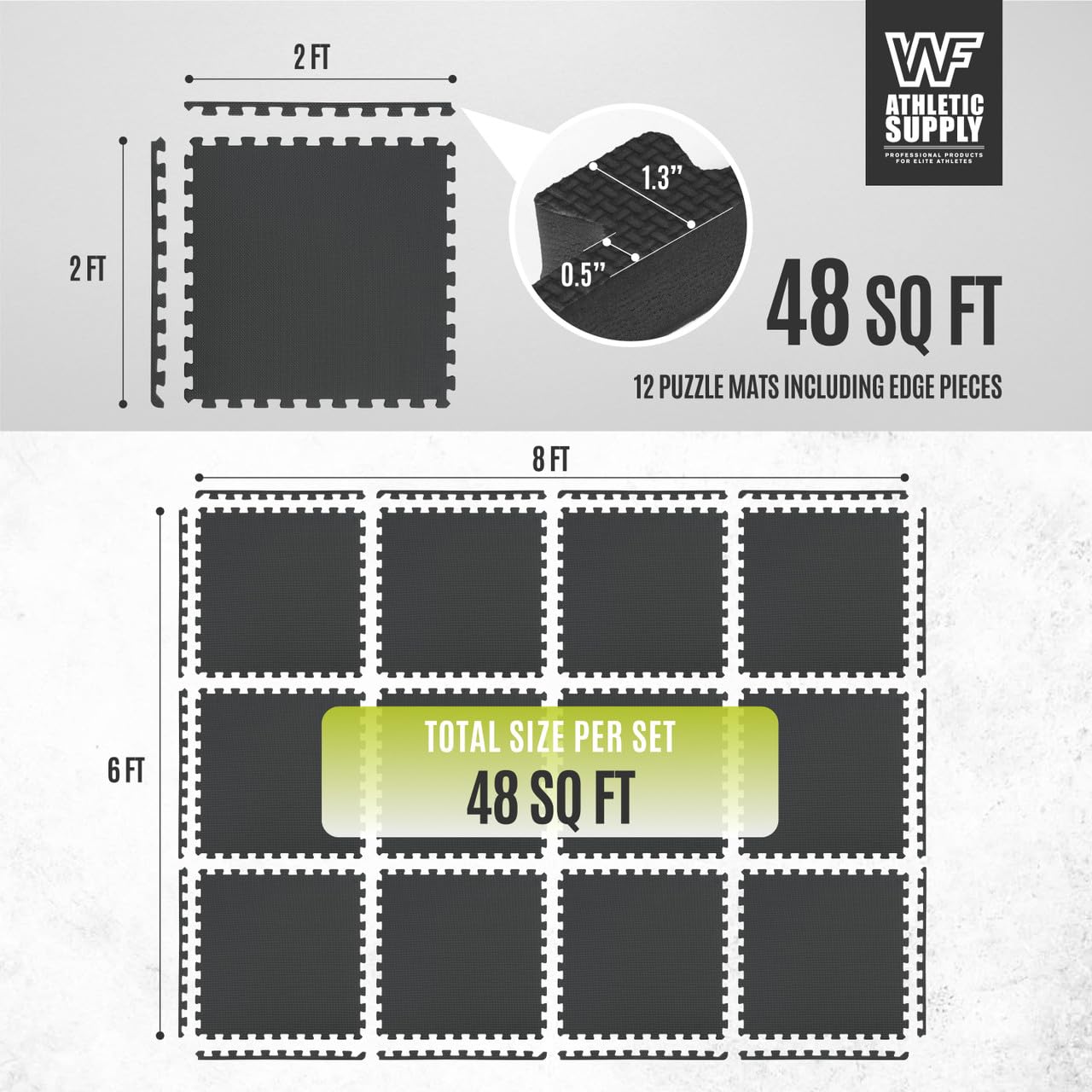 WF Athletic Supply 48 SQ.FT T-Pattern 1-Inch Thickness Interlocking Exercise Foam Mats, Extra Thick Eva Foam Flooring Tiles, Gym Fitness Equipment Mat, Home Protective Flooring Cushion, Black