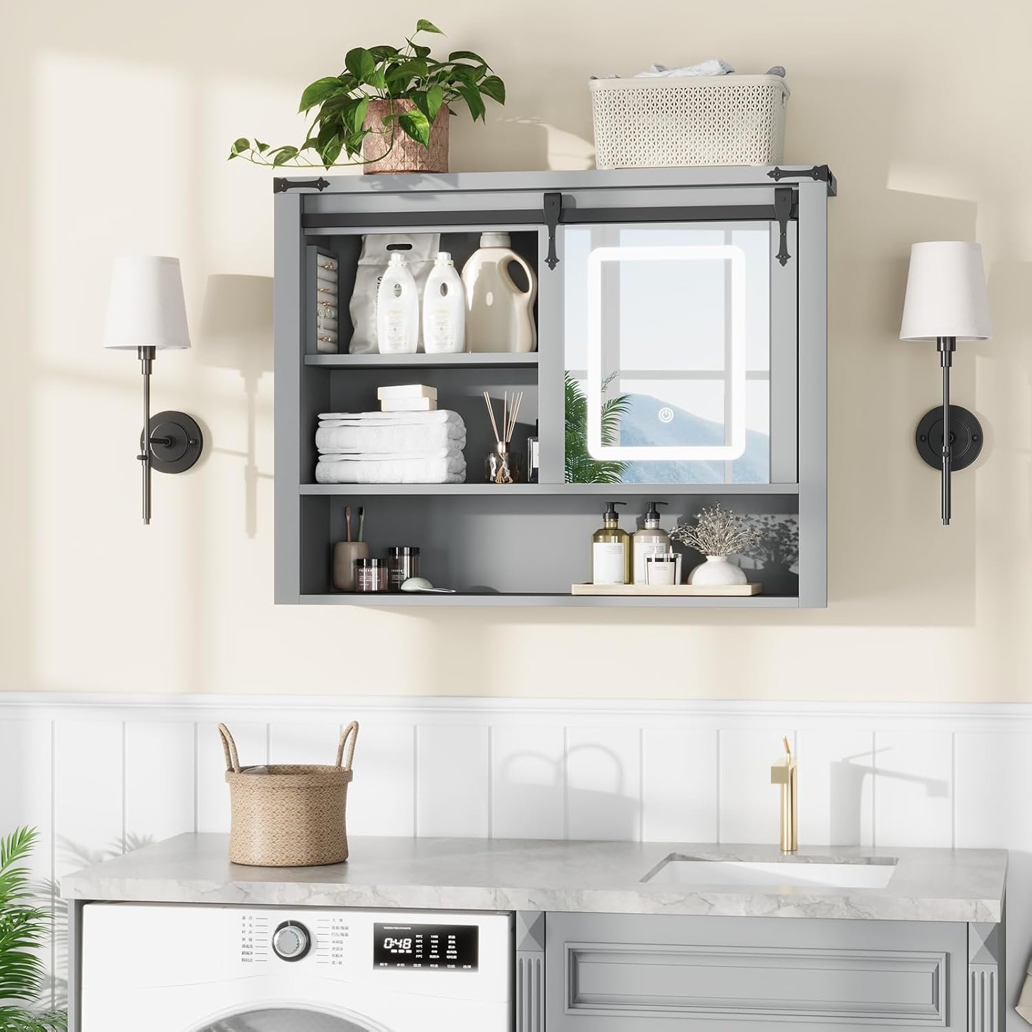 QUW 31" Farmhouse Bathroom Wall Cabinet, Bathroom Medicine Cabinets with Mirror, Over Toilet Wall Storage Cabinet, 3 Lighting Modes, Adjustable Brightness, Jewelry Holder, Sliding Door, Grey