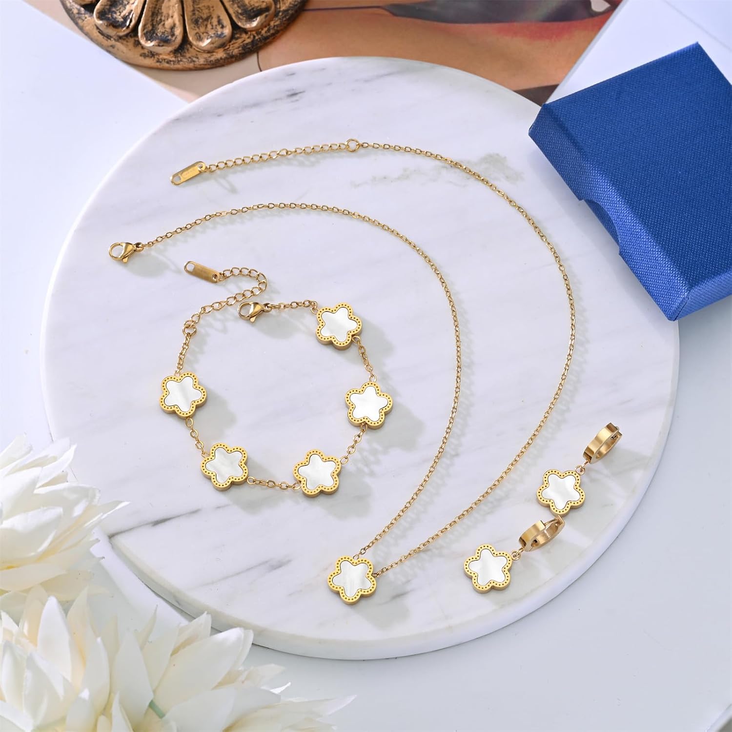 Lucky Clover Jewelry Set 18K Gold Plated Five Leaf Clover Necklace Bracelet Earrings Set Flower Jewelry Sets Birthday Gifts for Women - Image 6