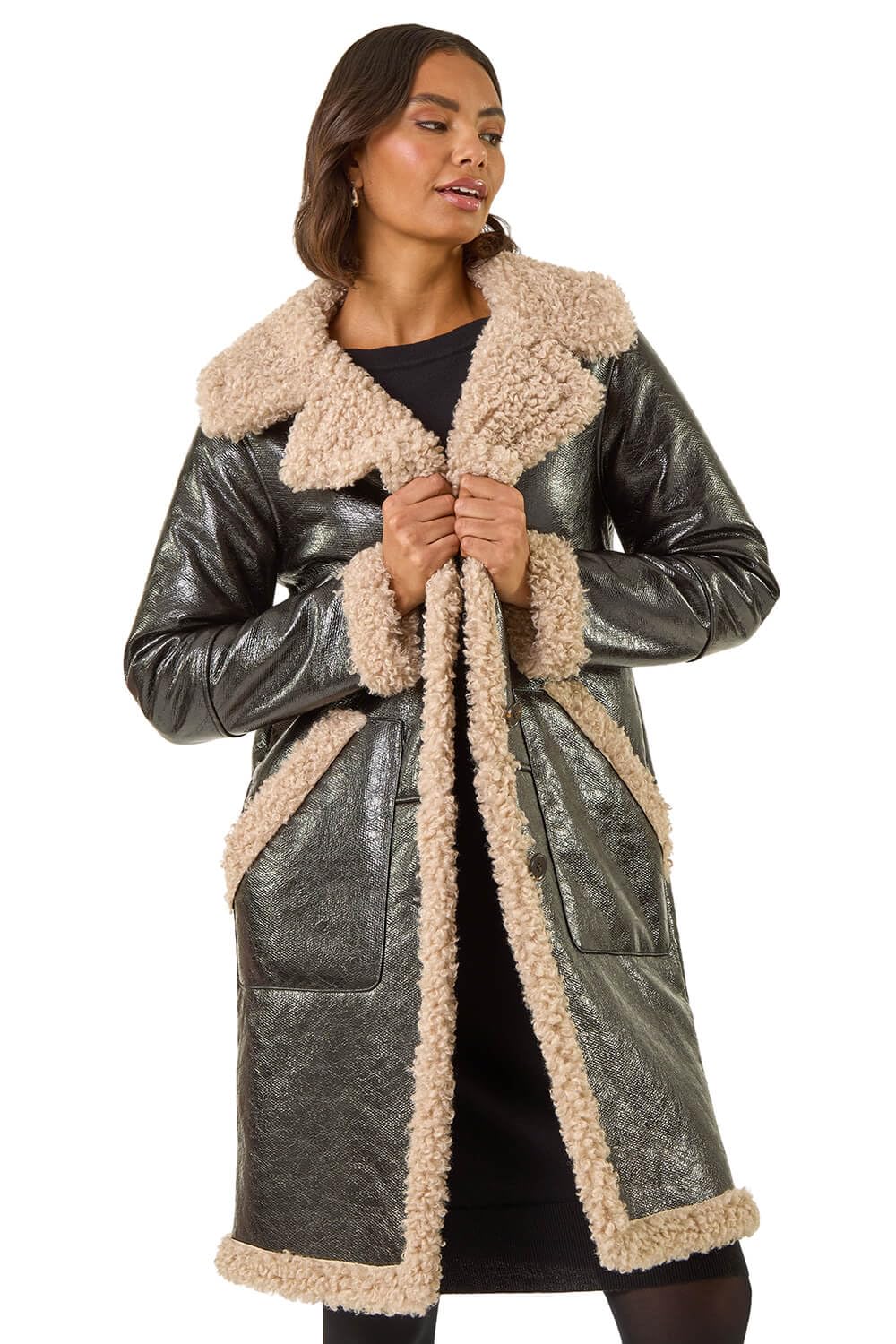Roman Women's Black Faux Fur Textured Coat Size 12