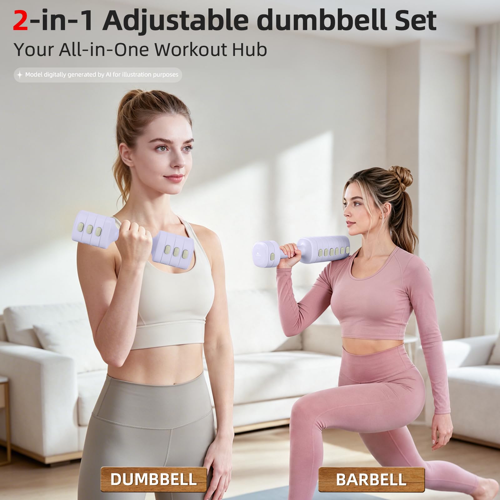 Abahub Zestaw hantli regulowanych, 2,5 kg x 2 pary, hantle fitness, pilates, damskie | 4 w 1 regulowane hantle, ciężarki do siłowni, hantle do codziennego treningu, hantle z szybką regulacją wagi, lila