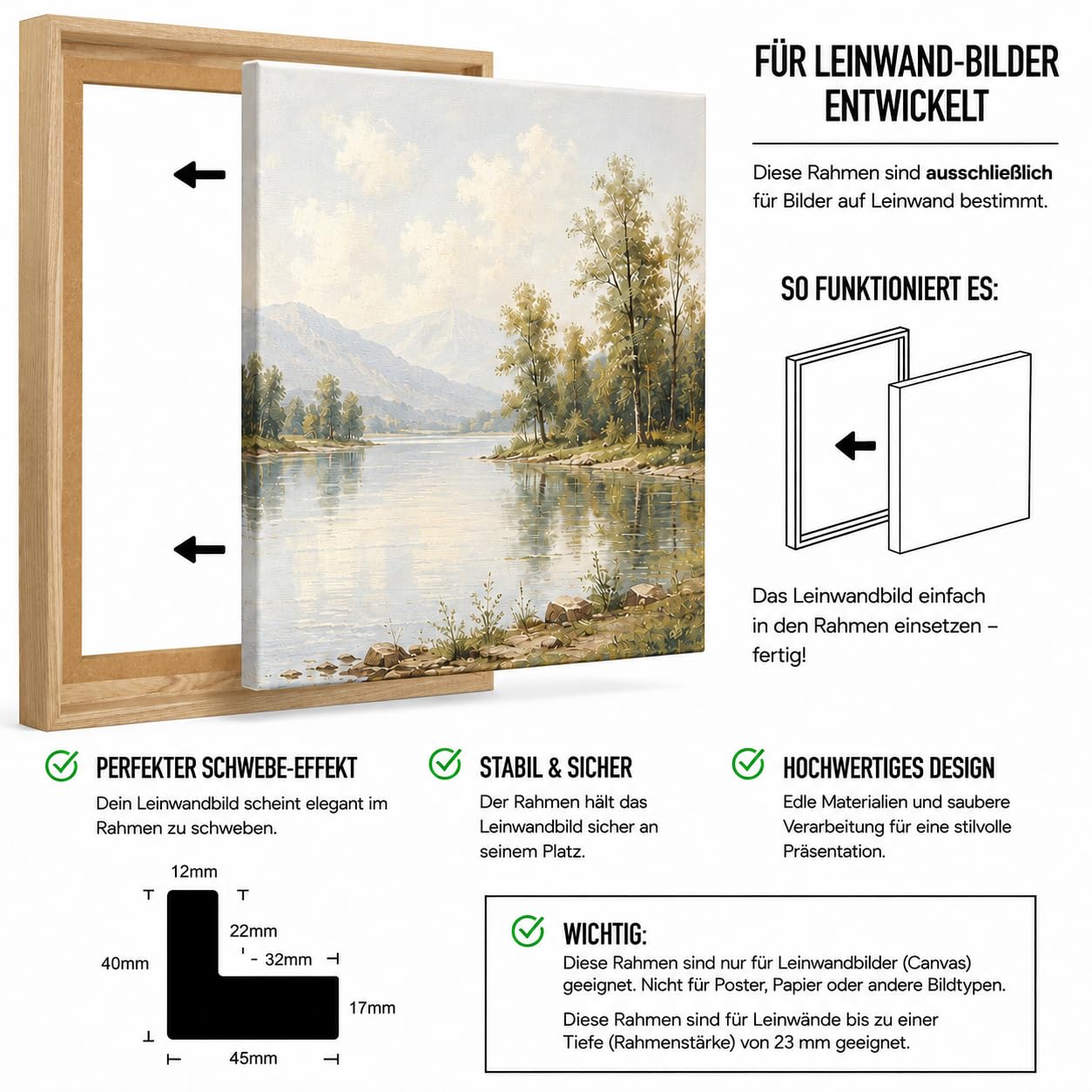 Schattenfugenrahmen für Leinwandbilder & Canvas 80x80 cm - Pinie - für Keilrahmen bis 22 mm Stärke - in zerlegter Form - ohne Glas und Rückwand