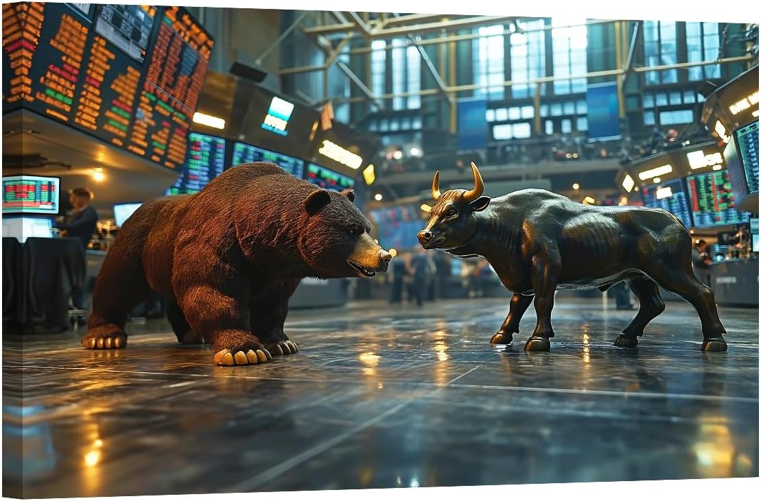 LSIUHWUWI Bull and Bear Canvas Wall Art, Bear Canvas Wall Decor, Bull Pictures Wall Decor, Bear and A Bull Statue Stand in a Stock Exchange Wall Art,Office Wall Art, Wall Decor 24x36 Inch