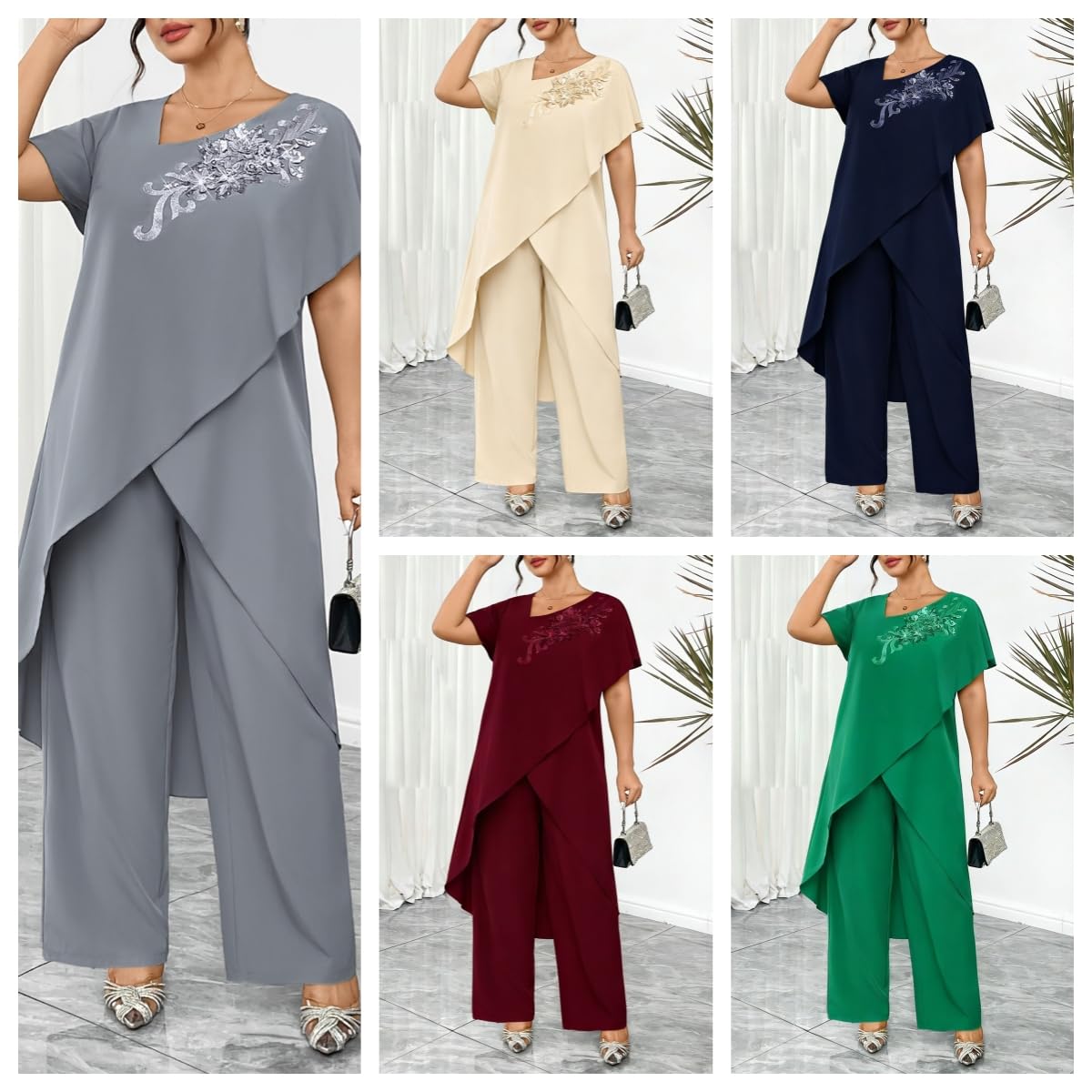 Zweiteiliges Damen Outfit In Übergröße: Asymmetrisches Tunika Top mit High Low Saum und Stickerei Sowie Weite Hose. Sommerliches, Fließendes und Formelles Set für Hochzeitsgäste