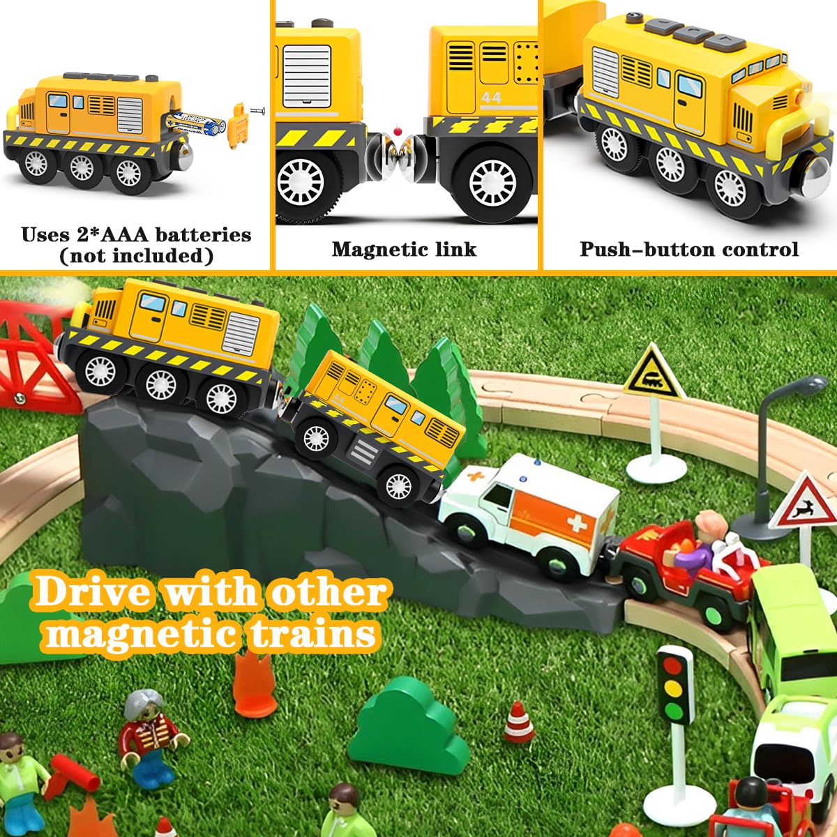 Trenino Elettrico per Bambini, Locomotiva con Suono e Luce a Batteria, Trazione Magnetica Forte, Treno Giocattolo, Compatibile con Thomas, Brio, Regalo per Bambini dai 3 Anni in Su, Giallo
