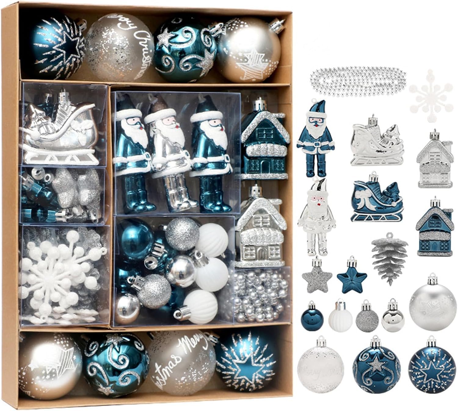 Weihnachtskugel Ornamente Set von 50, Bruchsicher Kunststoff (Blau Weiß Silber)