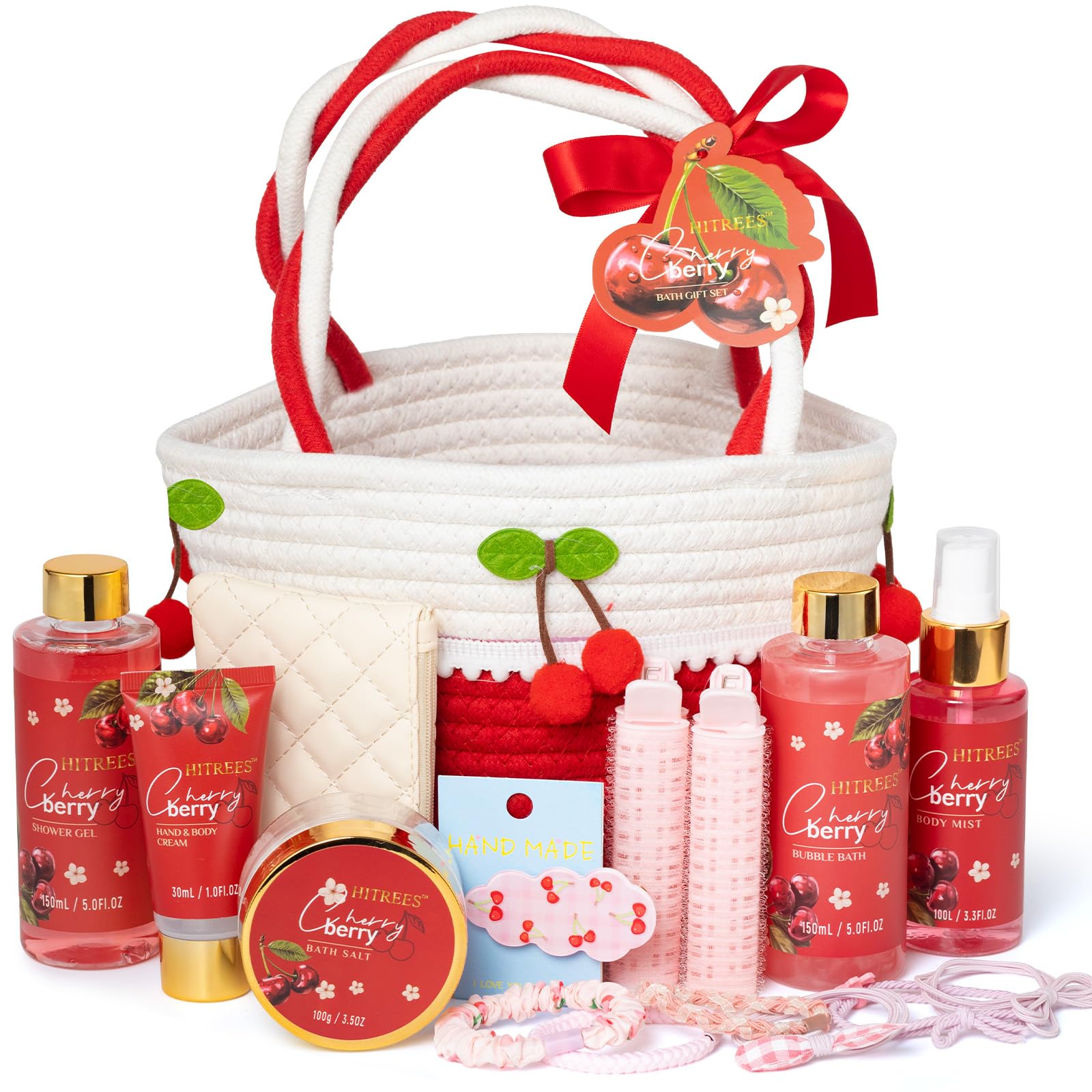 Spa Gifts for Women, Cherry & Berry Spa Gift Set for Teenage Tote Bag, Shower Gel, Hand & Body Lotion, Hitrees Birthday for Best Friend Woman, Mom,