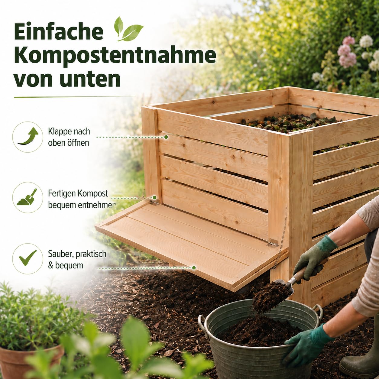 VELORA H&L Gartenkomposter 512 L - Komposter aus Naturholz mit Entnahmeklappe unten, Kompostbehälter für Garten- und Küchenabfälle