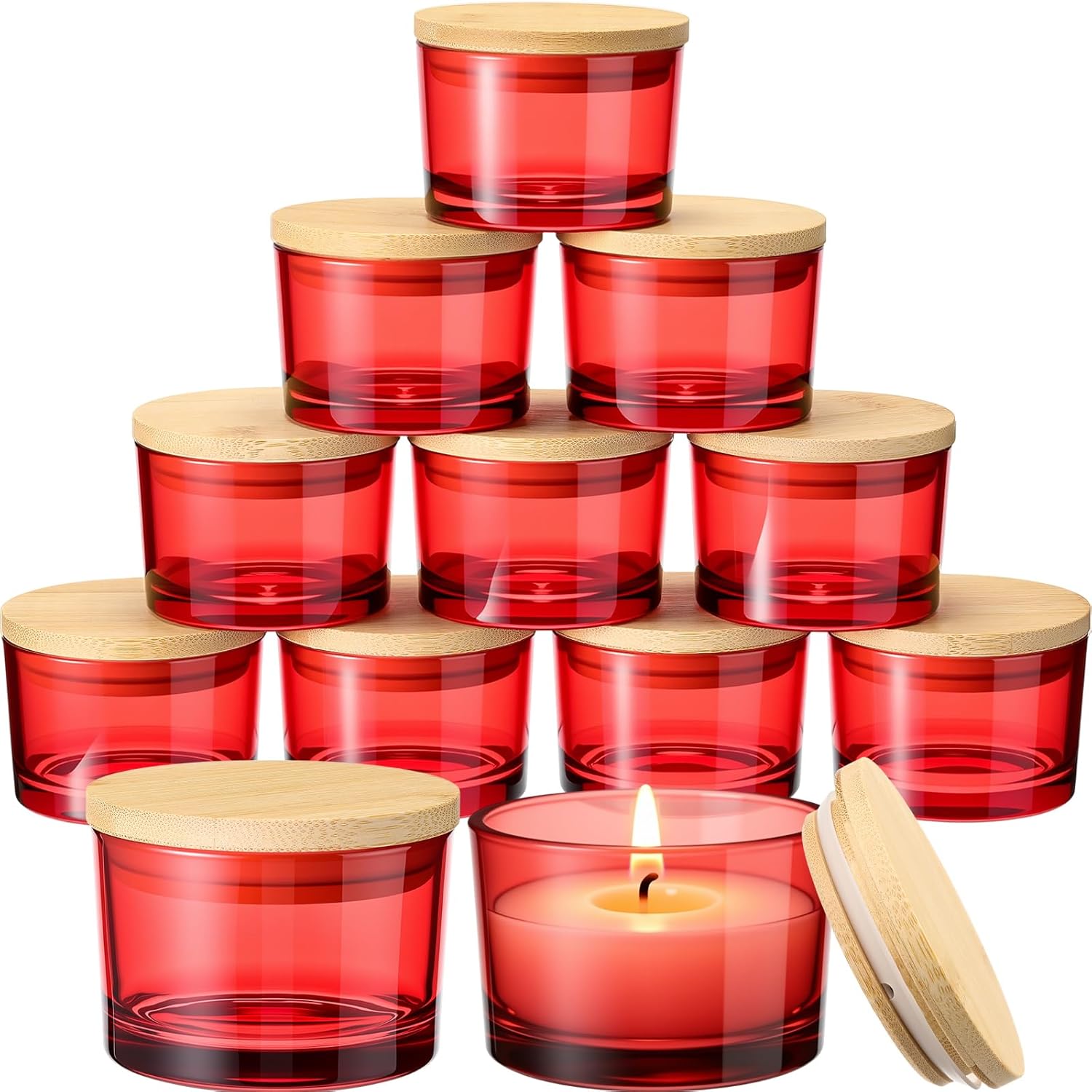 Acellegic 15 Pack 4.73 OZ Thick Candle Jars for Making Candles, Candle Jar, Wide Mouth Glass Empty Jars with Bamboo Lids for Making Candles, Bulk Container Dishwasher Safe (Red)