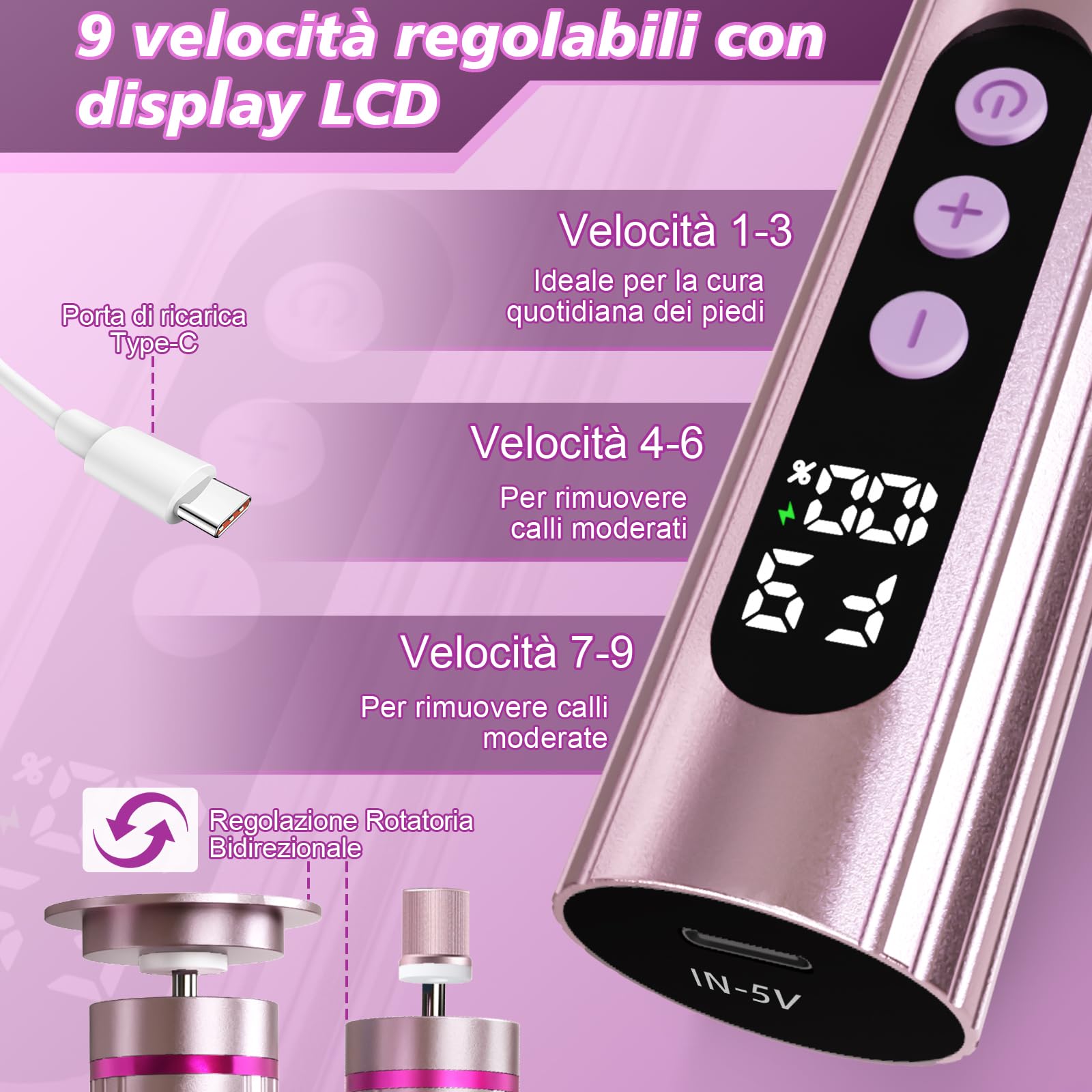 2 in 1 Pedicure Elettrico Professionale Pied,9 Velocità Rimuovi Calli Piedi Elettrica con Display LCD, Dischetti Sostituibili, Lima per Piedi Talloni Cura Piedi e Unghie,Rosa