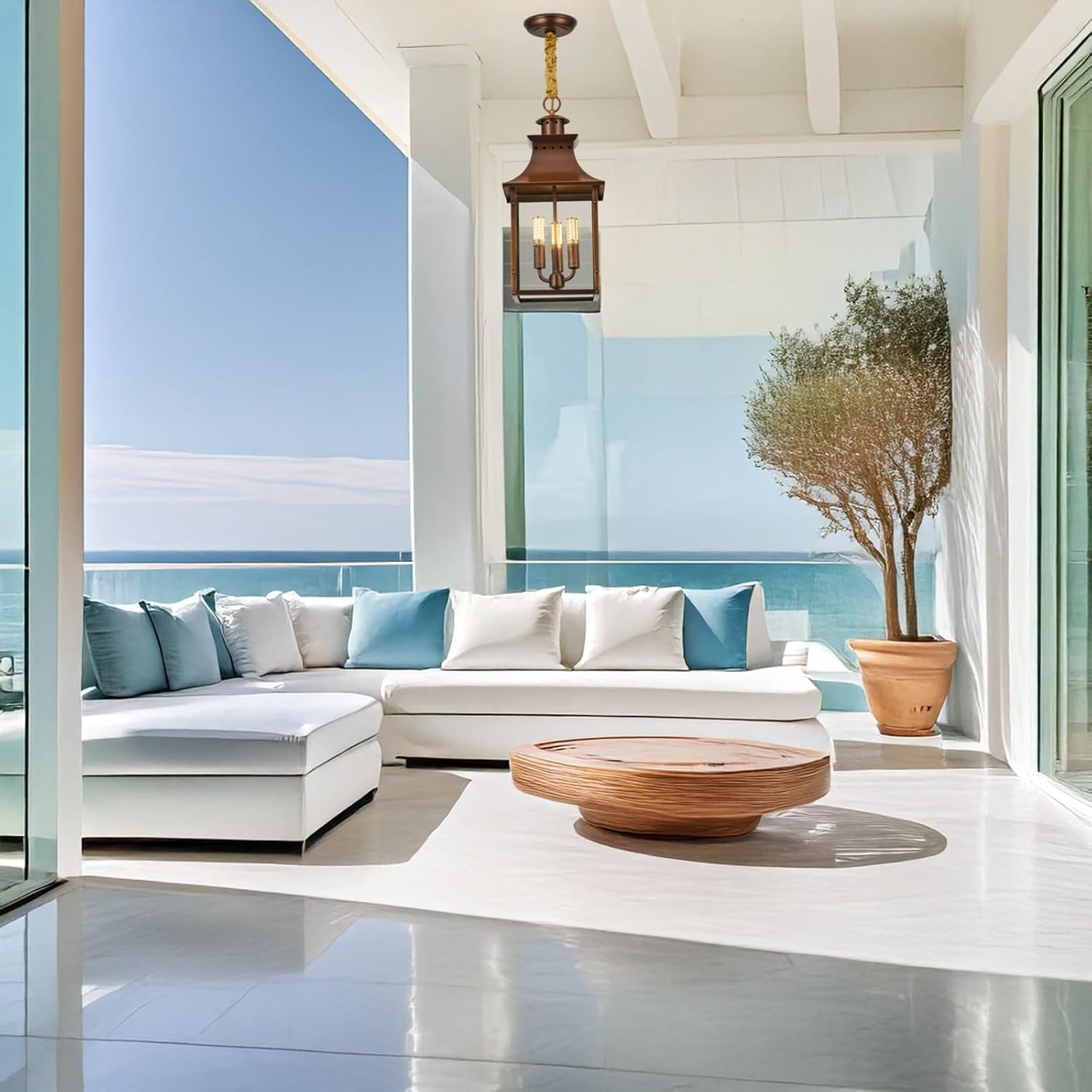 Outdoor Pendant Light, Vintage Hanging Lantern, Courtyard American Exterior Chandelier, Waterproof Rustproof Fixture, Copper Body with Glass, Adjustable for Patio, Balcony, Pavilion