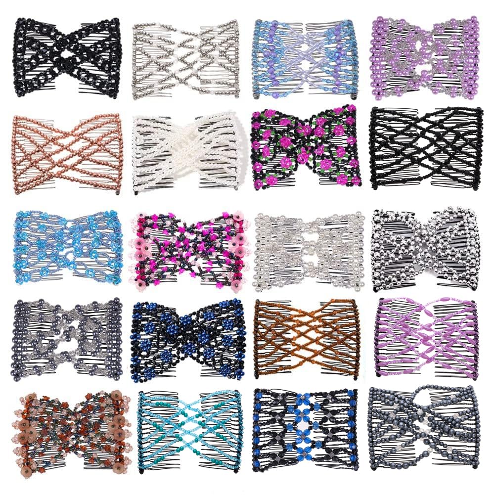 Ruihfas 12 PCS Magic Hair Side Combs Beaded Stretch Double Hair Side Combs Clips Bun Maker Hair Pins Hair Accessories for Women Curly Thick Wavy Hair Ponytail (Random Styles and Colors)