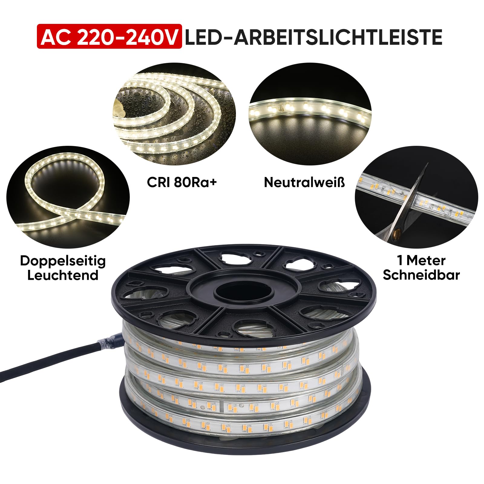 Shine Decor Striscia LED da 10 m, 100 W, 13000 lm, IP65, impermeabile, adatta a 70 m, per costruzione, garage, luogo di lavoro, giardino, materiali di costruzione (bianco neutro 4000 K, 10 m senza