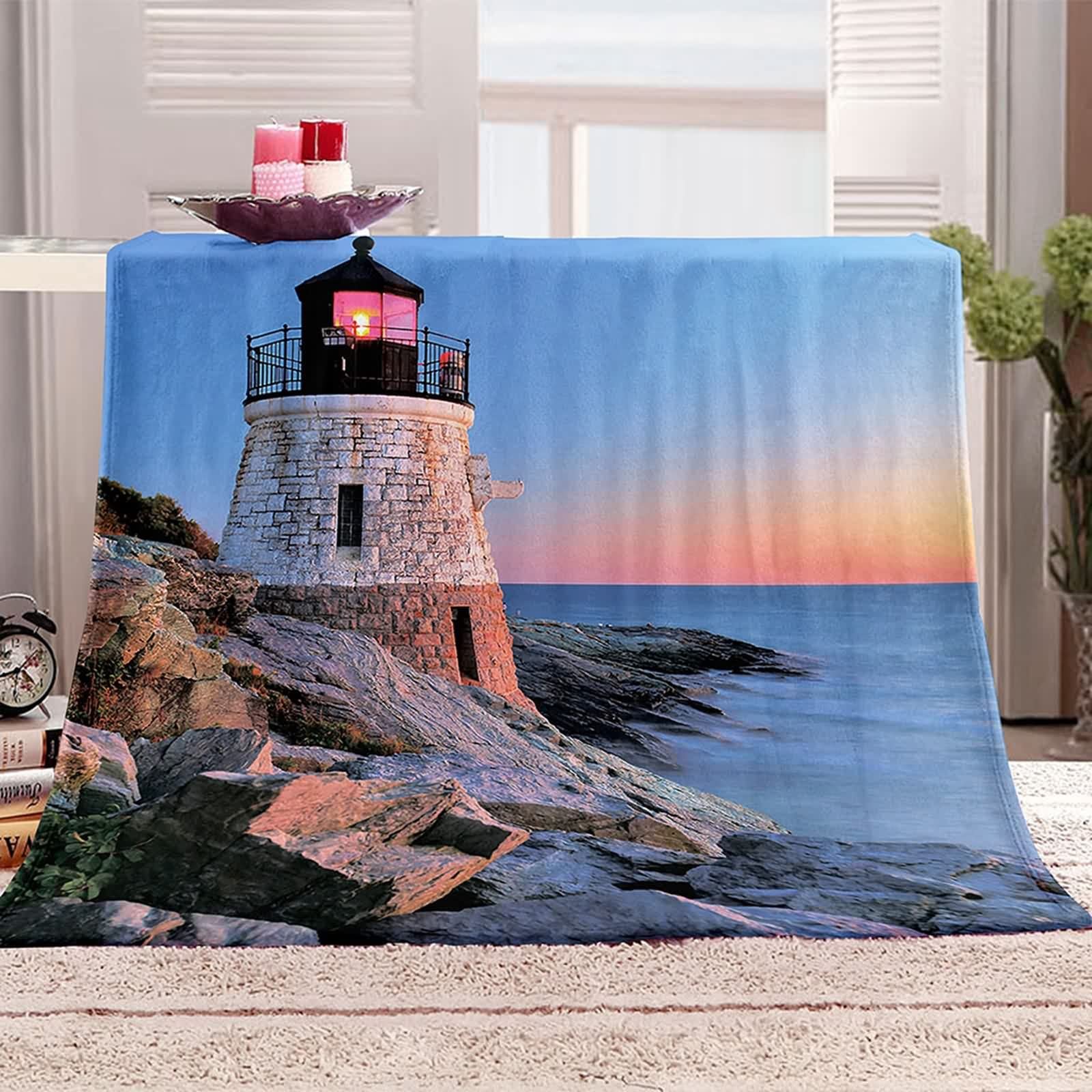 Coperta Termica in Flanella,Coperta di Pile Motivo di Mare e Faro Blu Arancio Coperta da Divano 160x200cm