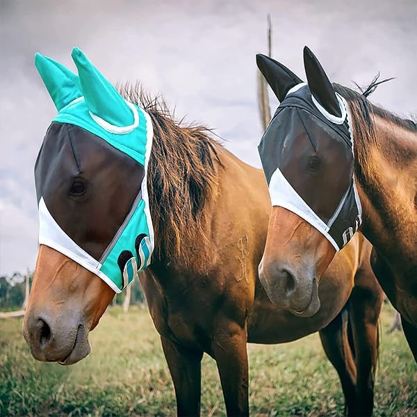 Máscara antimoscas de malla fina con orejas, transpirable, antimosquitos, para caballo, azul y blanco, L - 4