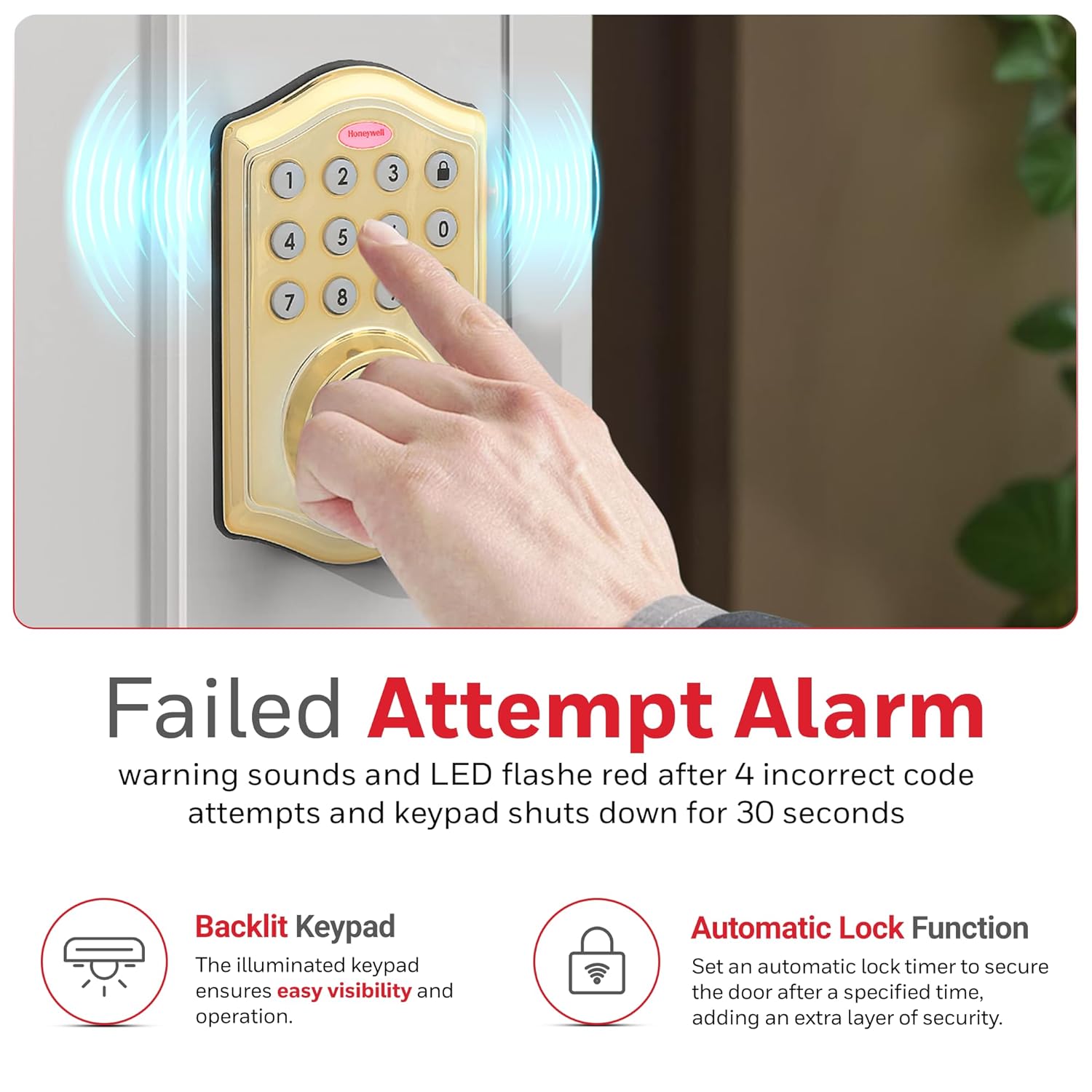 Honeywell Safes  Door Locks - Keyless Entry Door Lock with Smart Electronic Keypad Deadbolt - Easy Installation  50 Different User Pin Codes - Auto Lock - Polished Brass - 2.9 x 2 x 6.2 in - 8712009