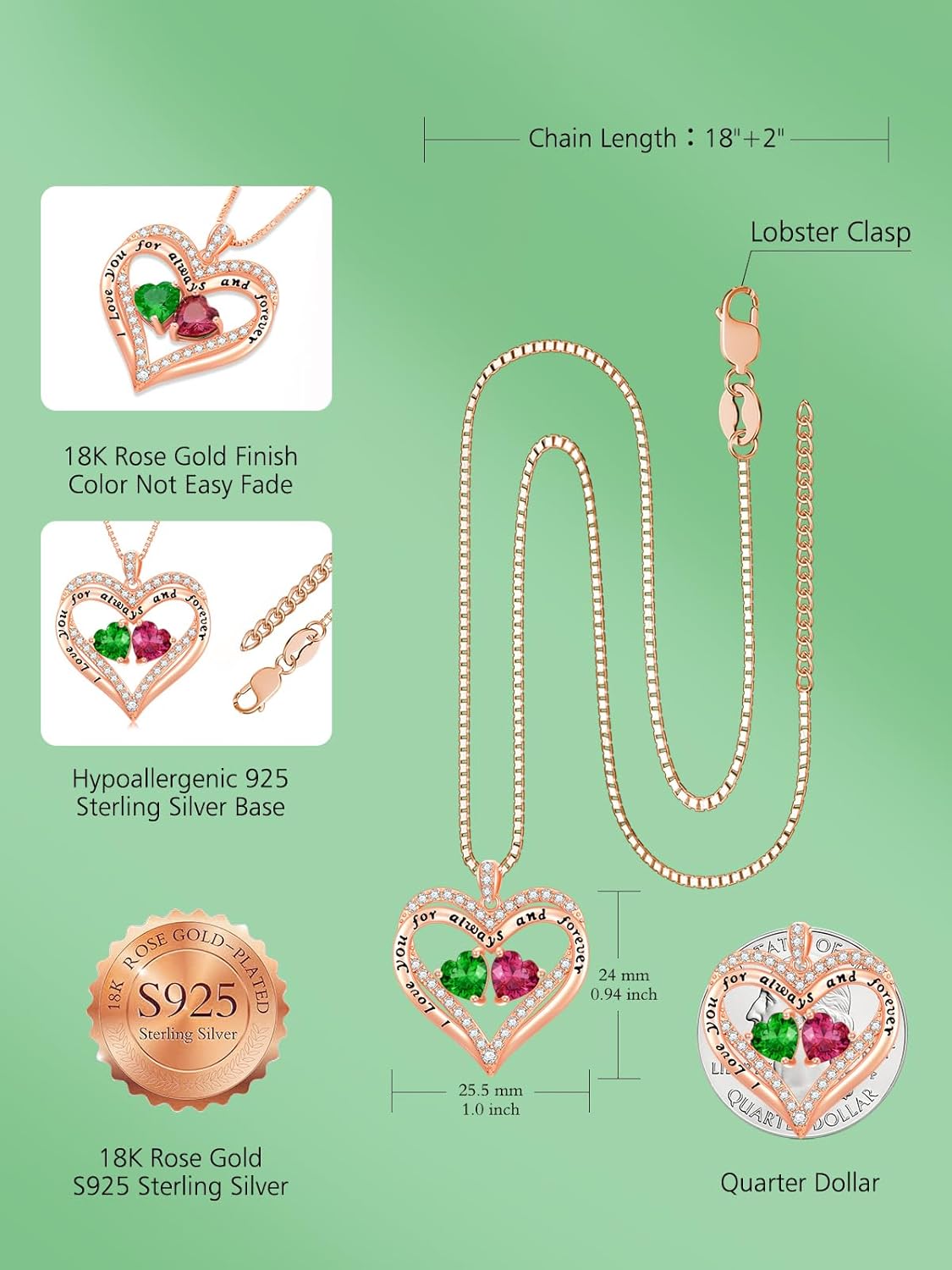 Heart Pendant Necklace I Love You for Always and Forever 12 Months Birthstone Necklace 18k Rose Gold Plated Double Heart Necklace Christams Valentine's Day, Mother's Day, Birthday - Image 6