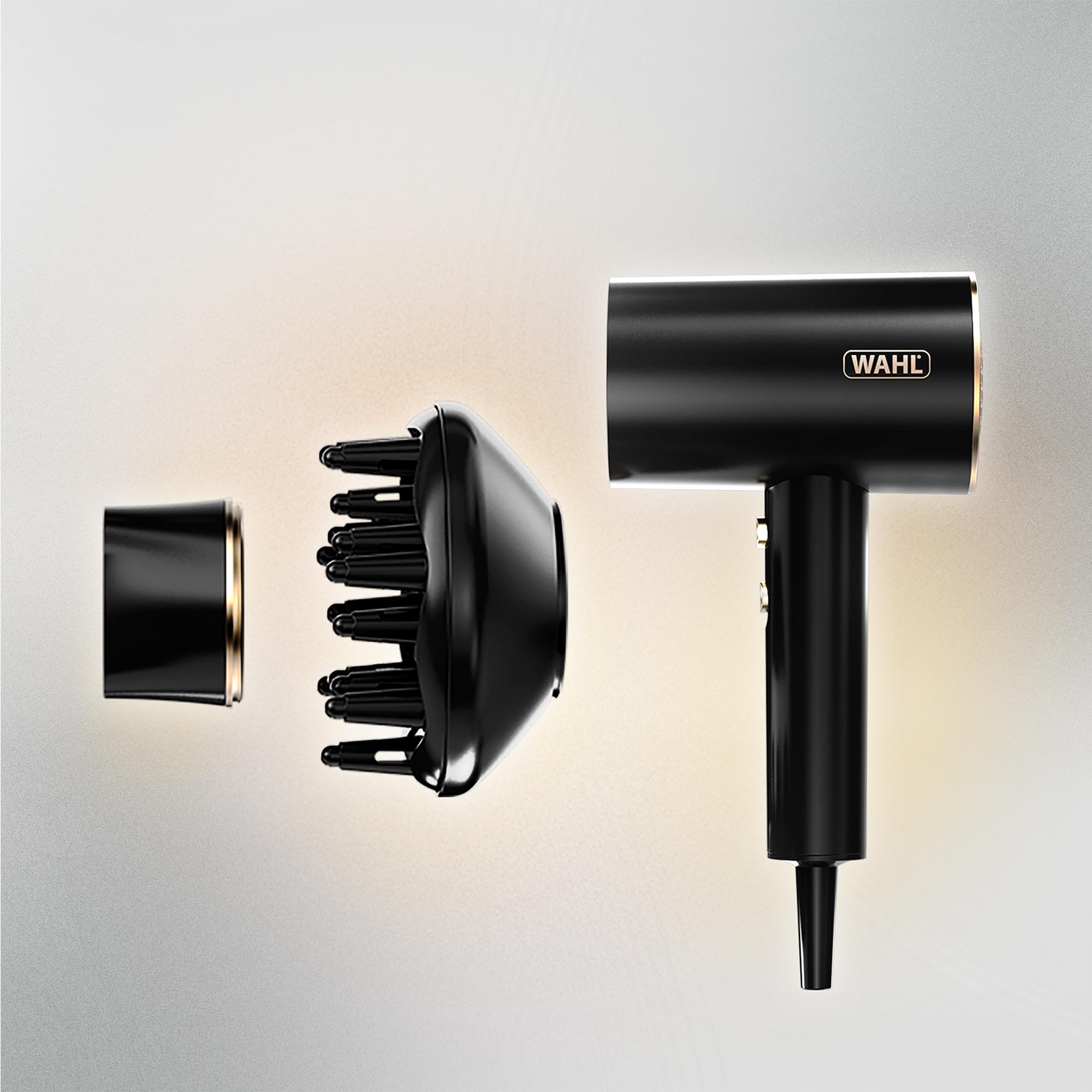 WAHL Ionic Flow Hairdryer, séchage professionnel, sans frisottis, puissant, léger, jet d'air froid, concentration de chaleur, diffuseur, vitesse rapide, coiffage, compact, voyage