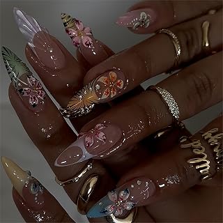3D French Tips Fake Acrylic Nails Medium Press on Nails Almond Handmade Glue on Nails with Cute Flowers and Water Ripples Designs Press on False Nails Glossy Stick on Nail for Women 24pcs