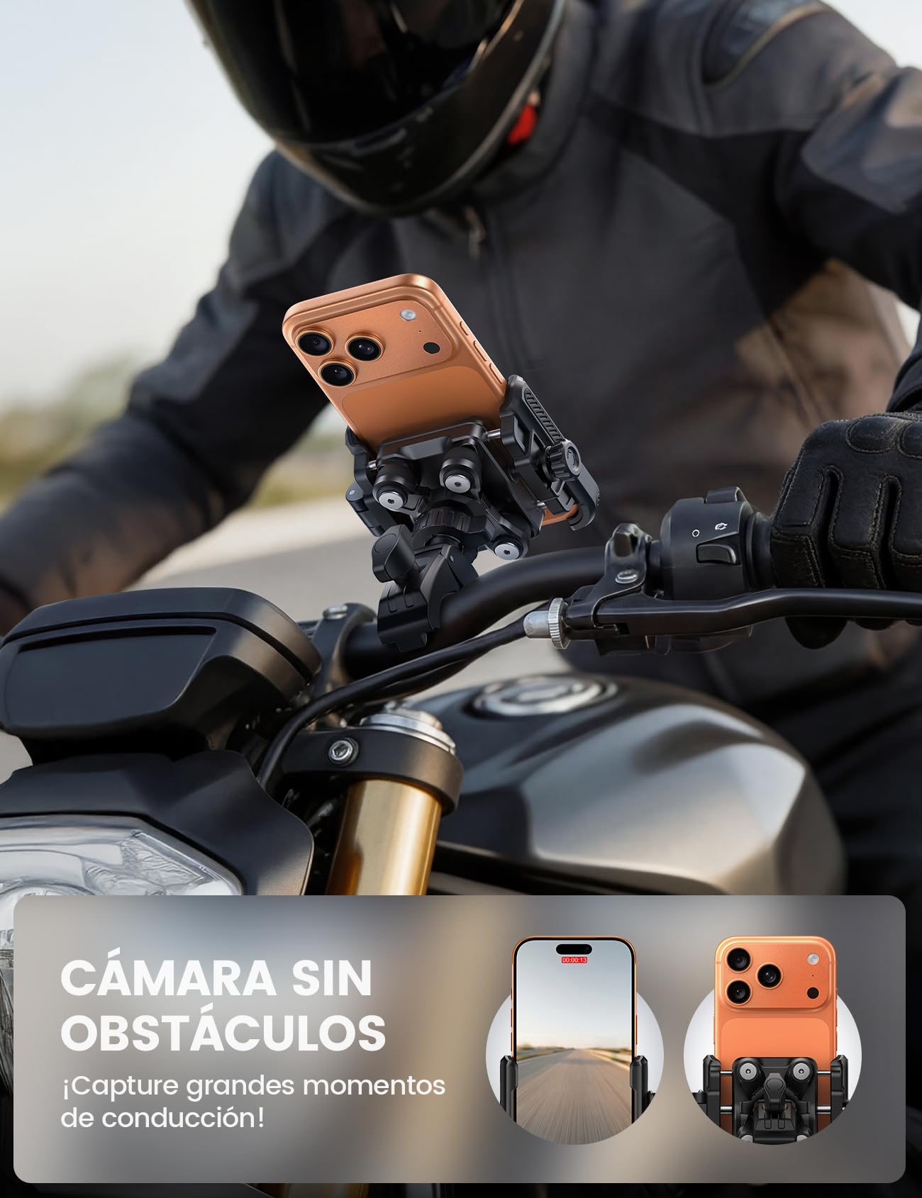 Lamicall Soporte Móvil Moto, Soporte Móvil Bicicleta - [No Obstruye la Cámara] [Doble Antivibración] 1S Liberación Rápida, 360° Rotación, Soporte Teléfono Manillar para iPhone y Smartphone de 6-7,2"