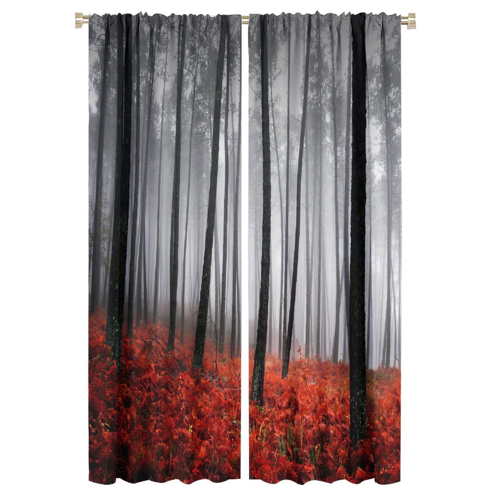 JESTRONRY Forest Window Curtain,Red Fantasy Misty Forest Trees Jungle Bushes Blackout Rod Pocket Window Drapes 2 Panel Set for Living Room Bedroom Kitchen Bathroom Decor W42xL63in