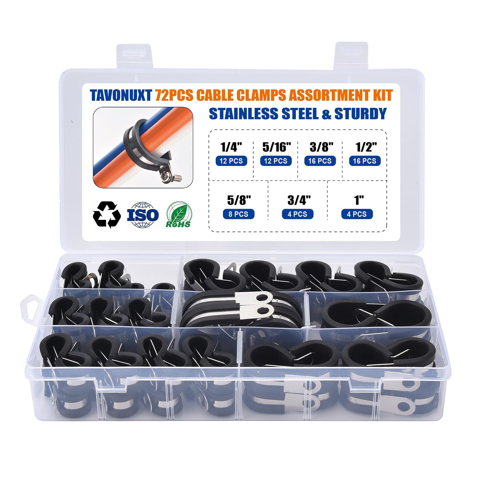 Tavonuxt 72PCS Cable Clamps Assortment Kit, 7 Sizes (1/4" to 1") Stainless Steel Rubber-Coated Cushioned Clamps, Insulated Pipe & Wire Holder for