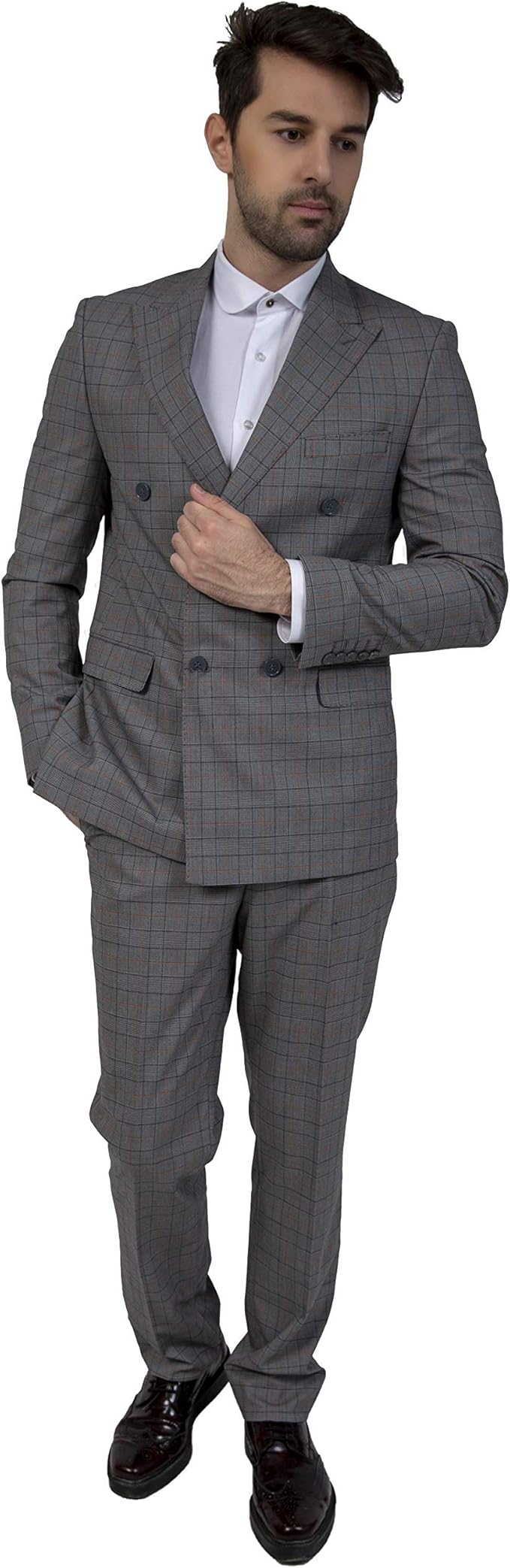 grey checkered double breasted suit