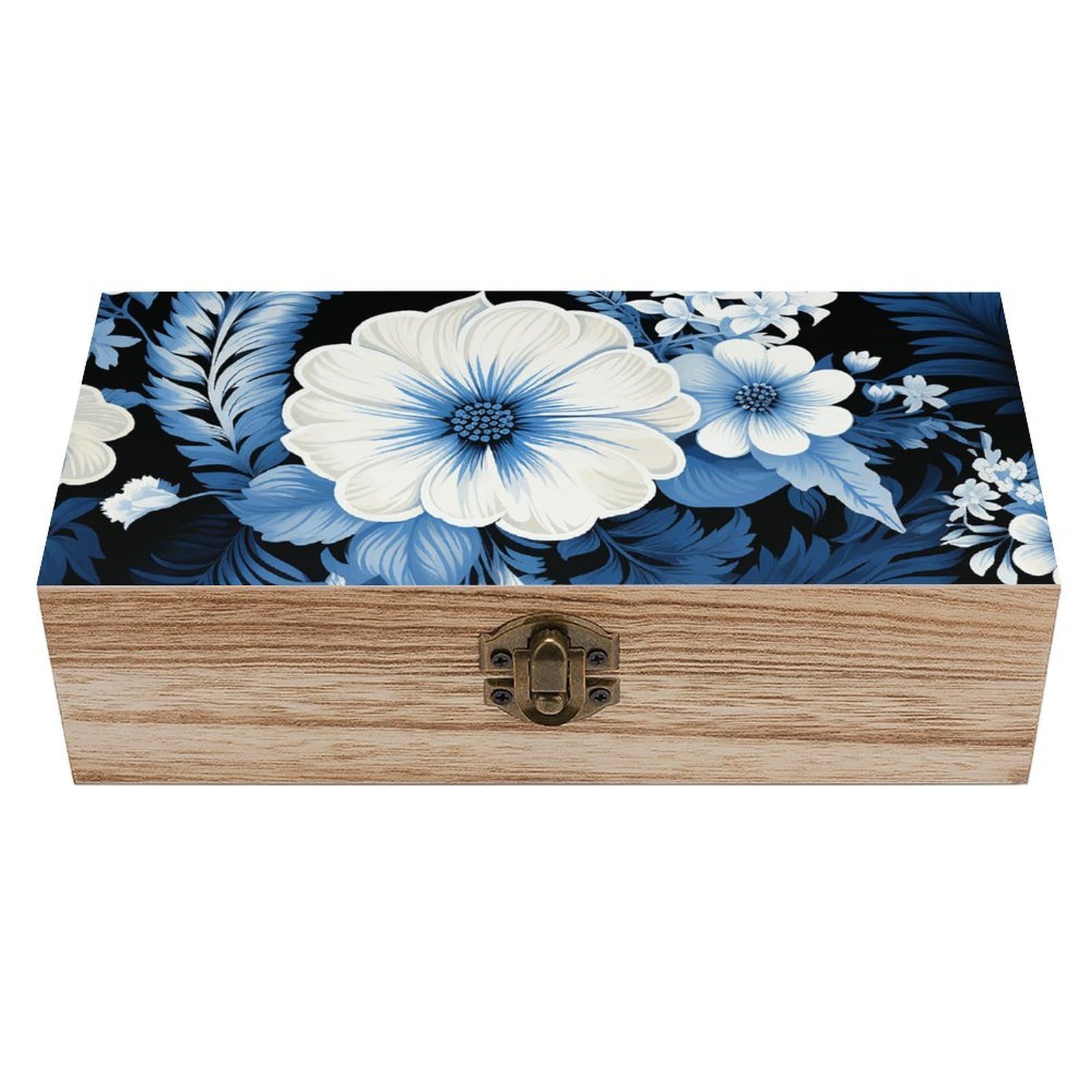 Peiyeety As Pic Blue And White Floral Pattern Wooden Storage Box Home Keepsakes Boxes With Hinged Lid Vintage Decorative Gift For Photos Jewelry Home Decoration