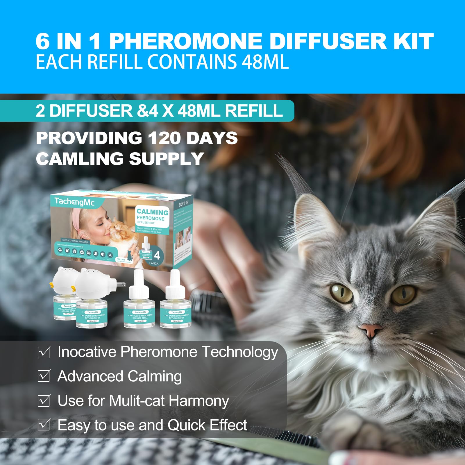 Cat Calming Diffuser, Cat Pheromones Calming Diffuser with 2 Diffuser + 4 Refill 48ml, 6-in-1 Cat Anxiety Relief Cat Pheromone Diffuser Kit 120 Days, Pheromone Diffuser to Calm Cats - image 2