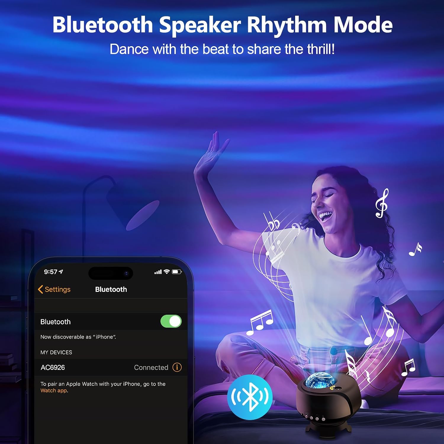 Image depicting the Bluetooth speaker rhythm mode, showing a smartphone connected to the projector.