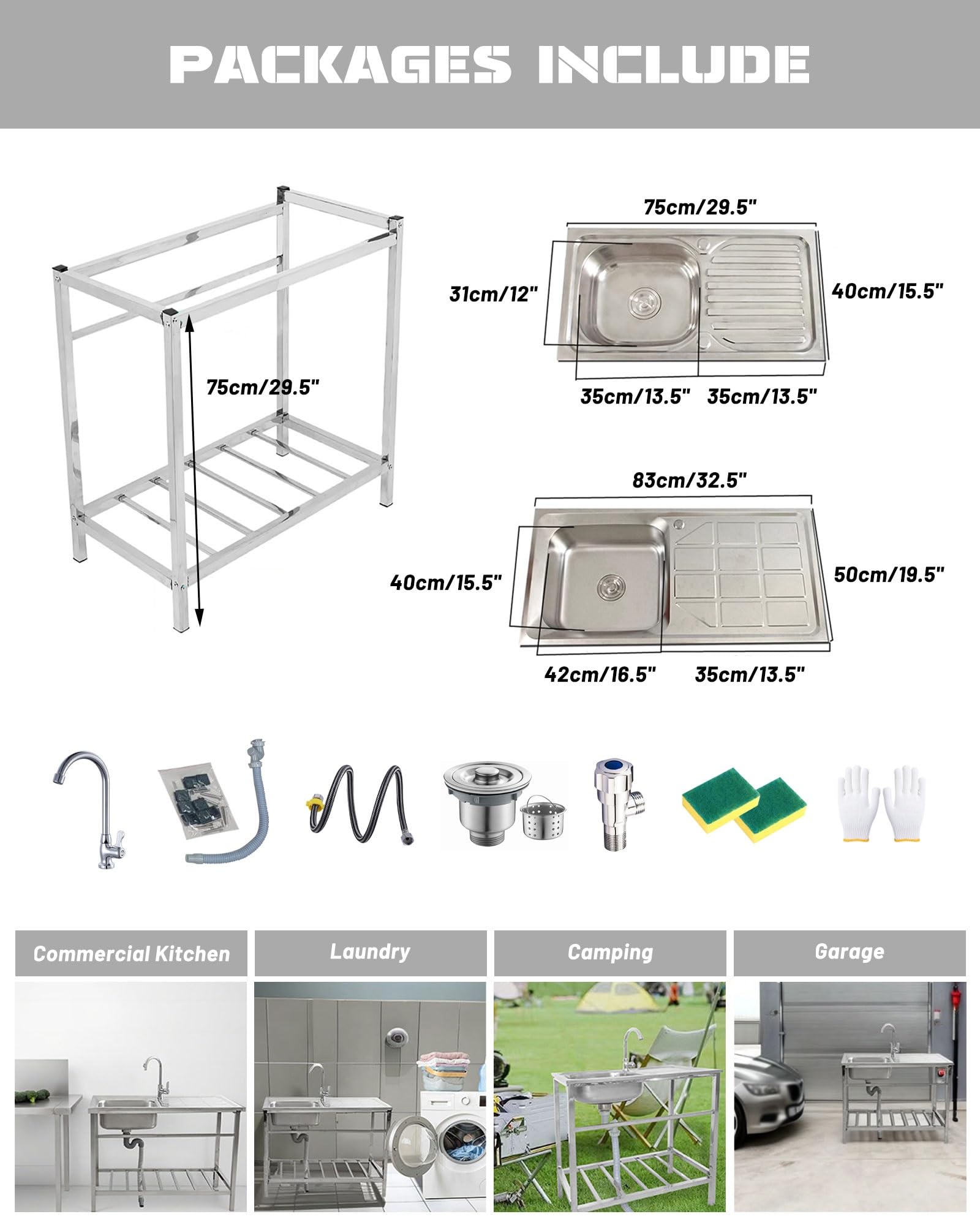 Edelstahl Werkstatt Waschbecken Outdoor Spülbecken Küche Spüle Freistehend Spültisch Mit Wasserhahn Für Camping/Garage/Waschküche Gewerbliche Restaurantspüle Leicht Zu Reinigen(75x40xH75cm)