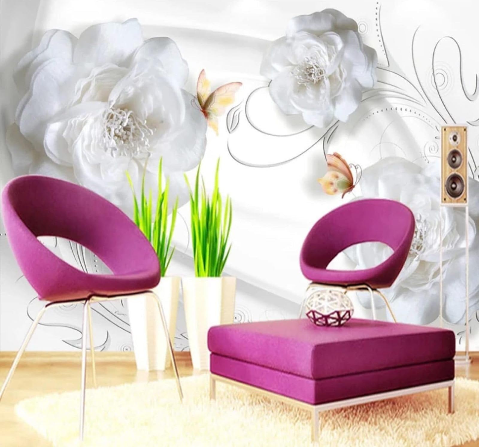 Wallpaper-3D-Xlm 300Cm×210Cm(B×H) Minimalist Exquisite White Flowers Butterflies 3D Wallpaper Easy Install Feature Office Living Room Sofa Bedroom Tv Background Wall Decoration-300Cm×210Cm