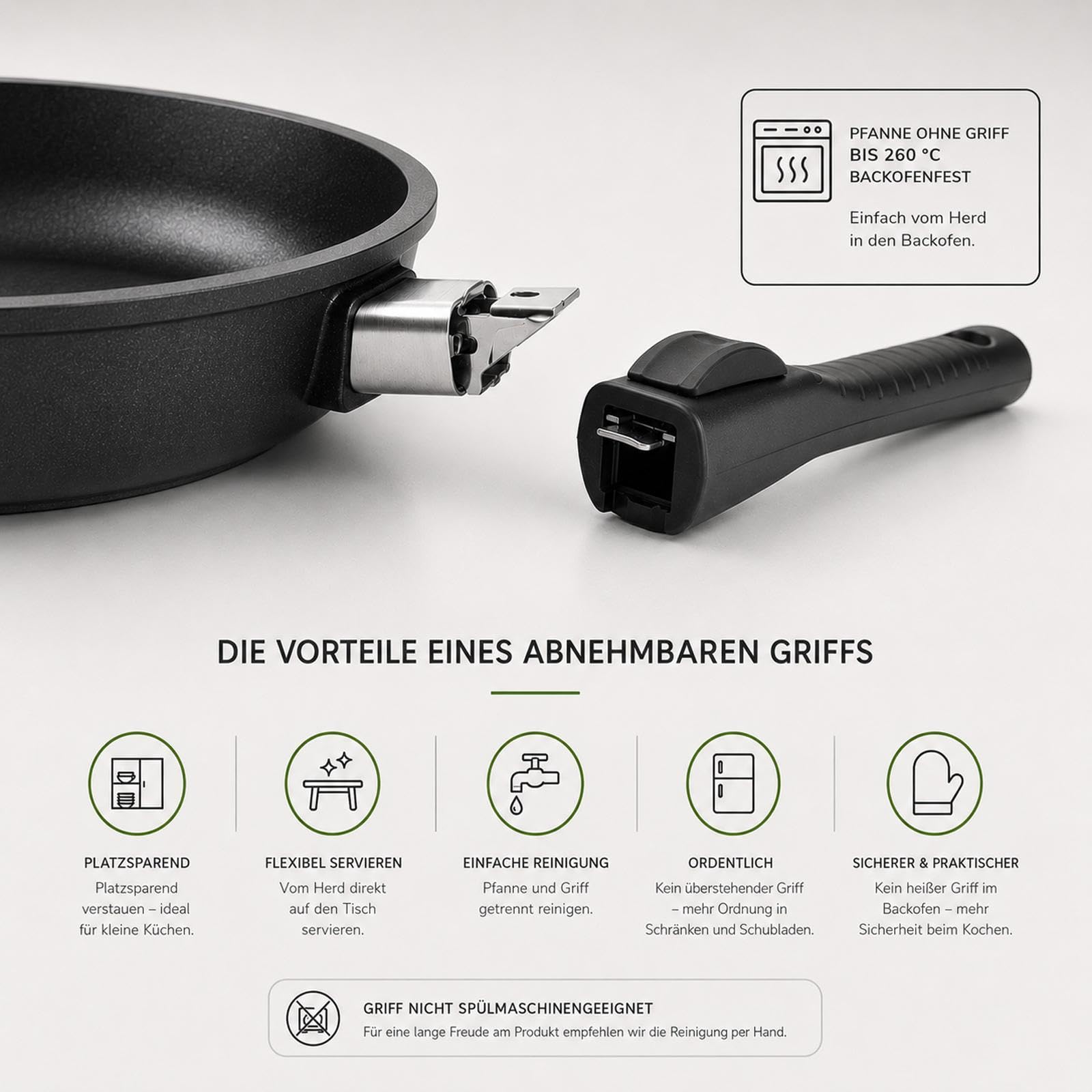 BAF Antihaft-Bratpfanne 28 cm aus Aluminiumguss mit abnehmbarem Stiel - Rand 5 cm hoch - Flachrandpfanne geeignet für Induktion, Gas, Elektro & Backofen - Made in Germany
