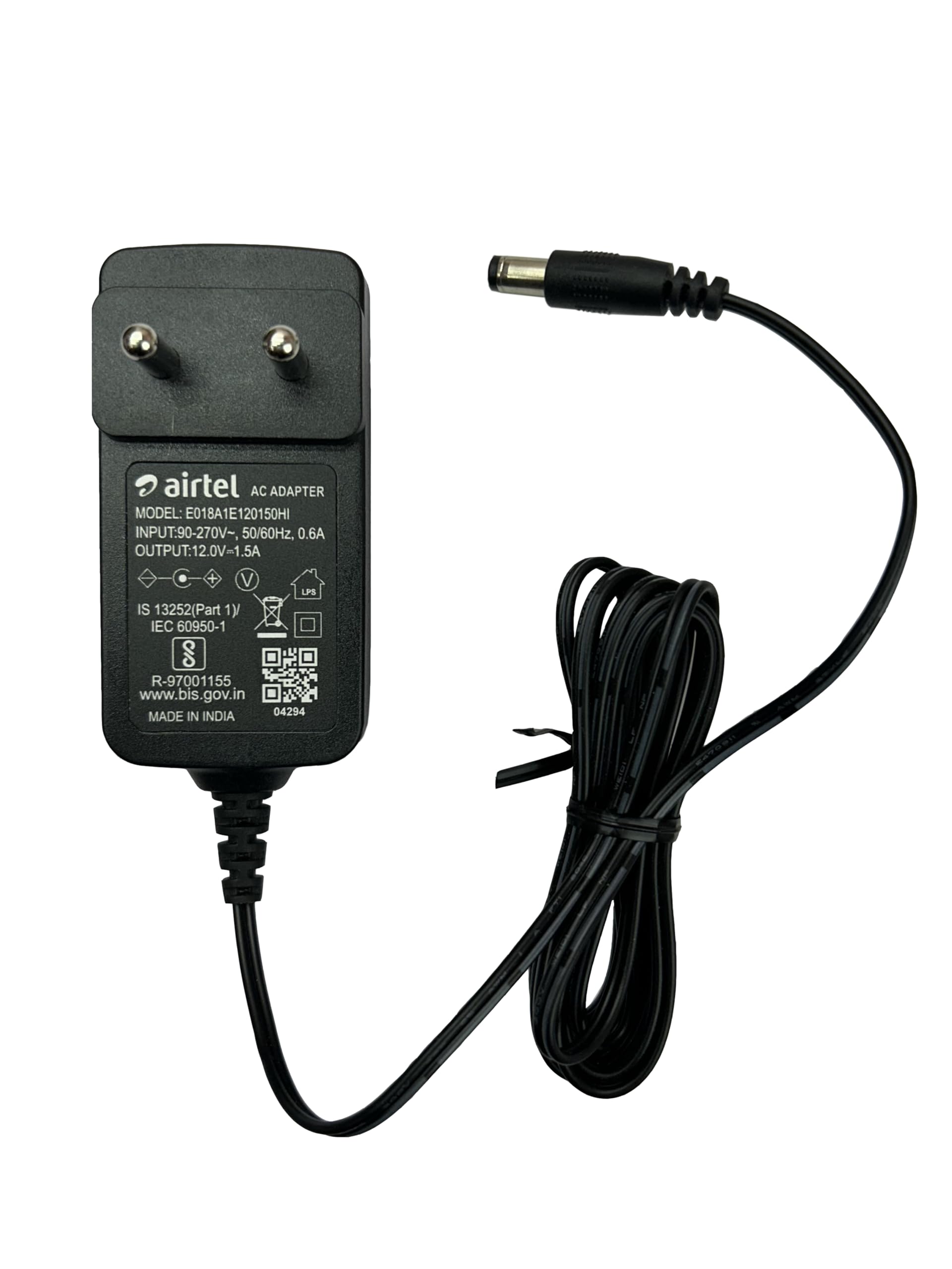 12V 1.5A DC Power Adapter (BIS Certified) for Airtel Digital TV DTH SD/HD Set-Top Box | Model: E018A1E120150HI | Input: 90–270V AC, 50/60Hz | Output: 12V-1.5A | IS13252 (Part 1) / IEC 60950-1