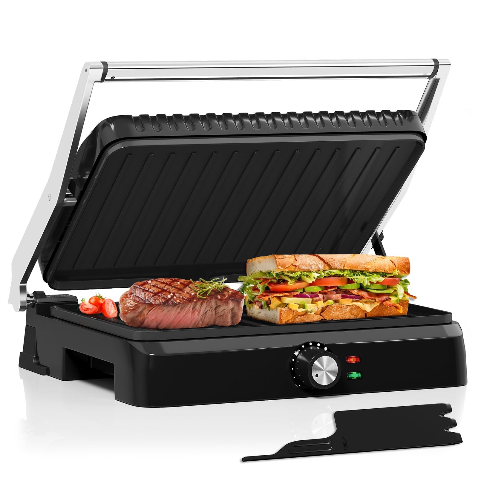 HOMELUX Griglia a contatto 2200 W, sandwich per panini, carne, con piastre antiaderenti 34 x 23 cm, raschietto per pulizia, apertura a 180°, temperatura regolabile, vassoio raccoglitore