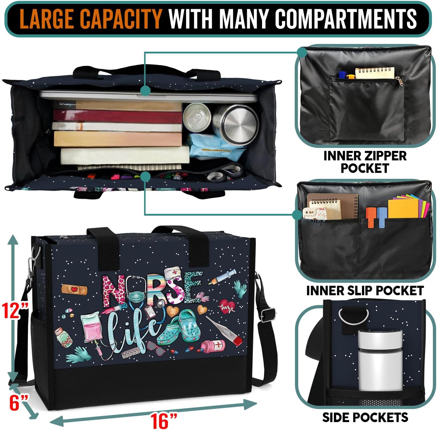 Large Tote Bag for Women. Gift for Nurse. Waterproof Bag with Pockets and Zipper for Travel, Work, Grocery. - Image 5