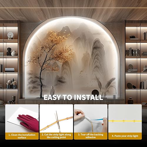 Miniatura 8 de COB - Tira de luz LED de 40 pies39.4 ft (1 rollo), blanco frío, 6500 K, alto lumen, CRI 90+ con adaptador de corriente con certificación UL, control
