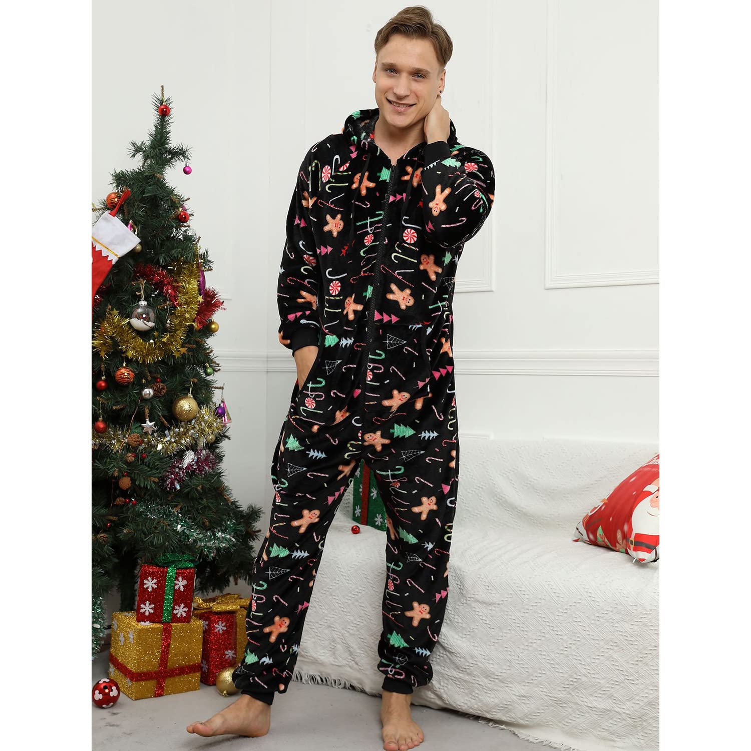 Pijama Navidad Una Pieza Hombre Franela Pijamas Mono Entero con Capucha Manga Larga Invierno Calentito Jumpsuit Adulto Onesie Ropa de Casa Dormir Caramelo de Navidad Negro XL