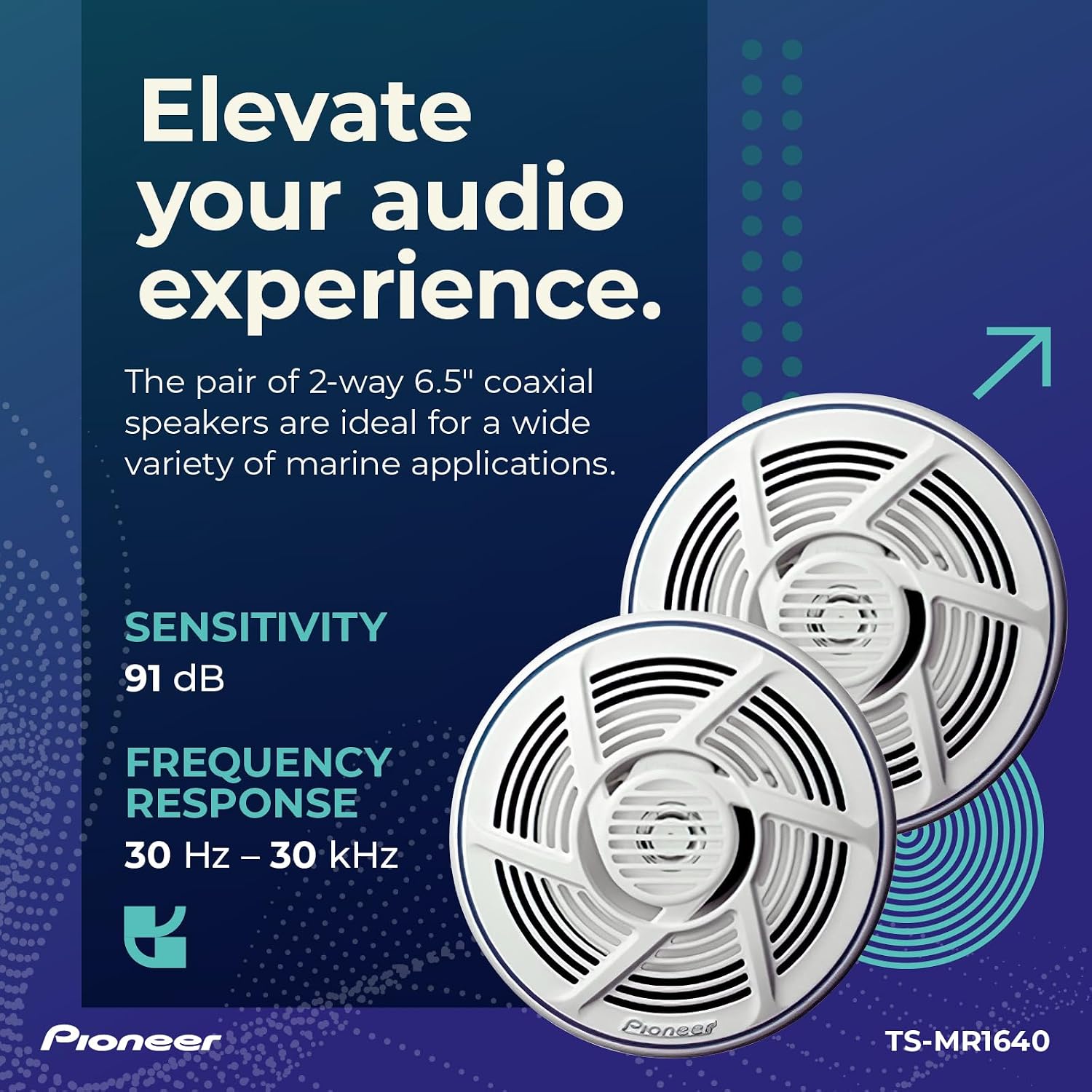 Pioneer marine speaker with text 'Loud and clear, without distortion.' and power handling specifications