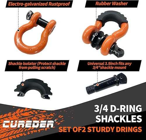 Miniatura 2 de Kit de recuperación de correa de remolque cuerda de 3 pulgadas x 20 pies (35,121 libras) + grilletes de anillo en D de 34 pulgadas (2 piezas) +