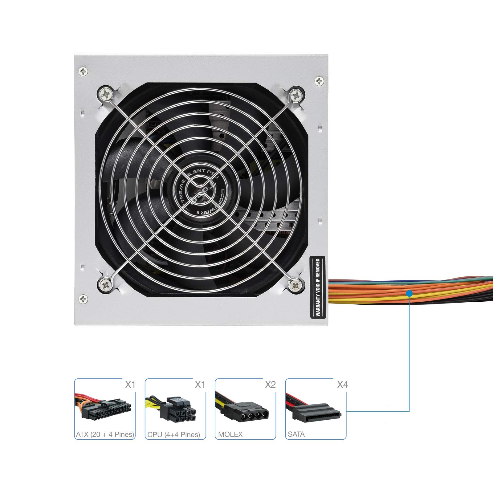 Tooq TQEP-500SSE - Fuente de Alimentacion Ecopower II de 500W con PFC Activo, Ventilador silencioso de 120mm con Control automatico de Velocidad, (ATX 12V V1.3, CE/RoHS, Color Plata) (Paquete de 2)