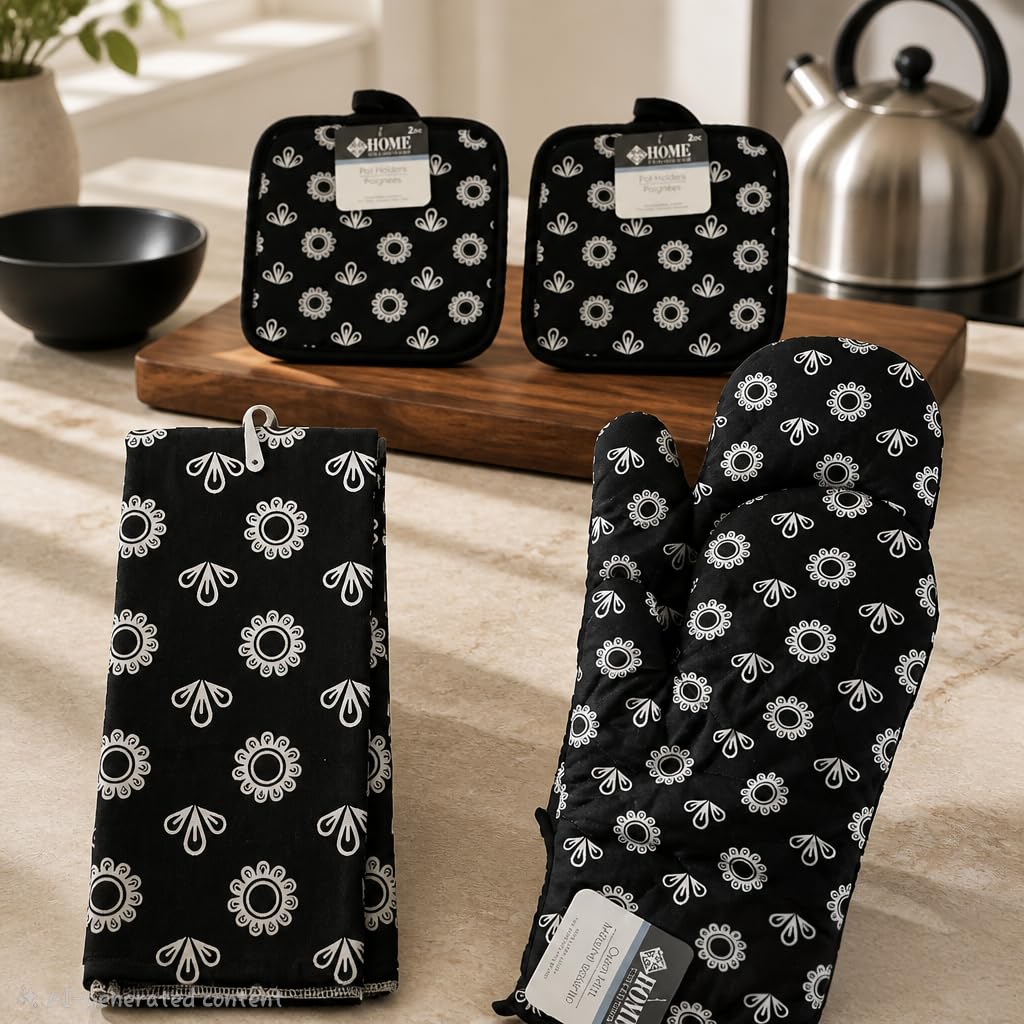 Juego de 5 manoplas de horno y soportes para ollas, guantes largos de cocina de algodón extra grueso de 500 grados para cocinar, 12 pulgadas, blanco y negro