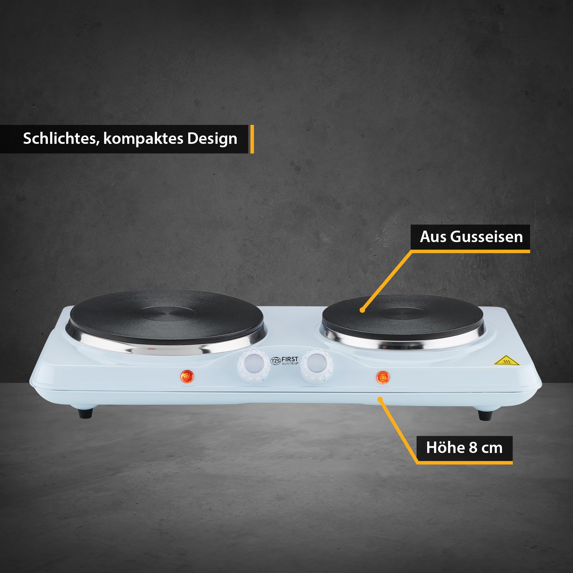 TZS First Austria - Doppelkochplatte 2500W - Gusseisen-Kochfelder 185 & 150 mm - Stufenlose Thermostatsteuerung - Mobile Herdplatte für Camping & Küche - Weiß