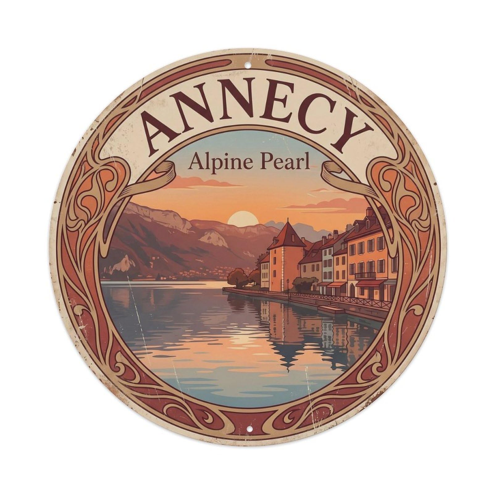 Annecy France Alpine Classic Cartography Travel Cityscape Metal Tin Sign Plaque Wall Decor for Cafe, Man Cave, Club Bar, Office, Home Garden Round Metal Poster 8x8Inch