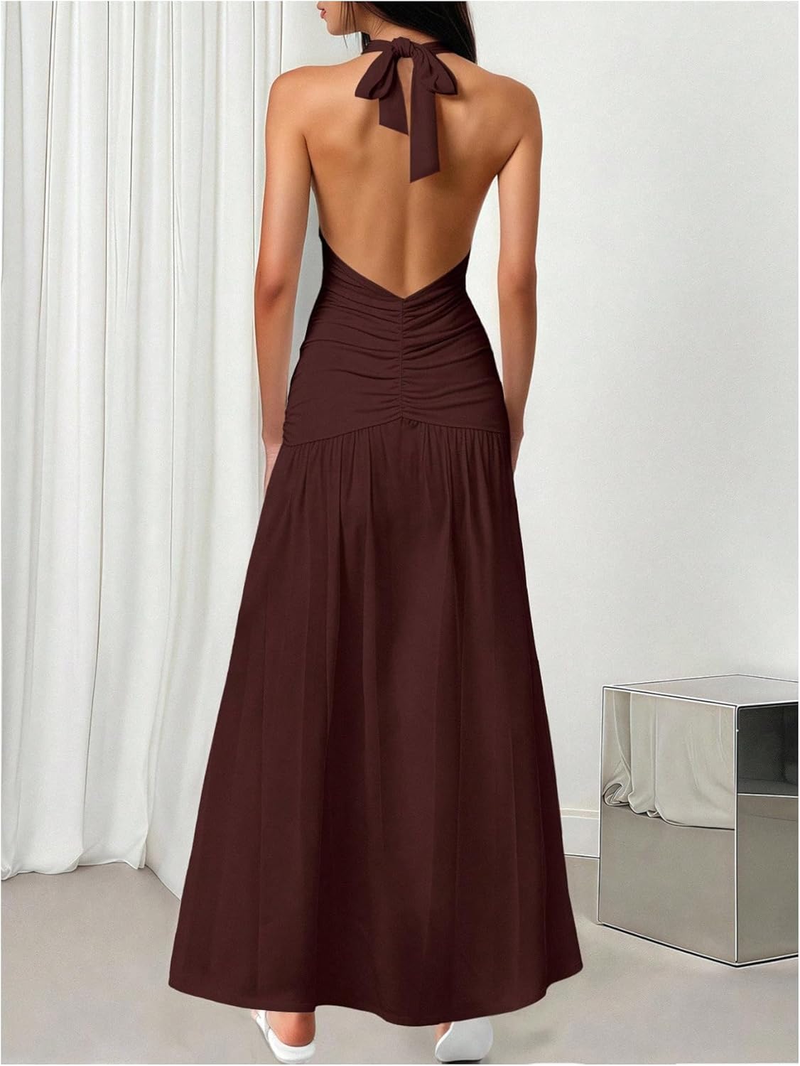 SHENHE Women's Deep V Neck High Slit Halter Dress Open Back Ruched Party Evening Maxi Dresses - Image 3