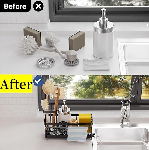 Miniatura 7 de Soporte de esponja para fregadero de cocina, drenaje automático para fregadero de cocina, organizador de esponja de acero inoxidable con estante