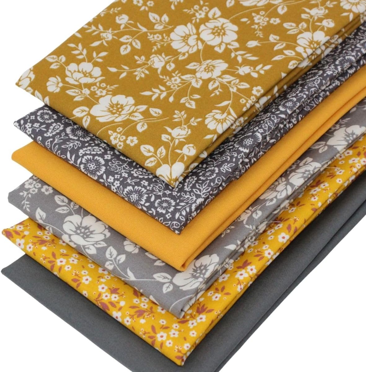 6 Fat Quarters Bundle - 'Mustard and Grey Flowers' Featuring Printed Flower Designs & Plain Solids. Ideal for Quilting and Crafting. 100% Cotton (includes a free patchwork pattern by Overdale Fabrics)