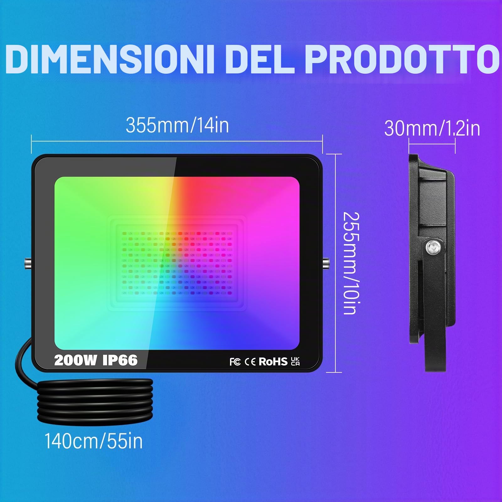 PICAA Faro da Lavoro a LED RGB Smart 200W, 20000LM Esterno, 16 Milioni di Colori, Controllo Wireless via App, Impermeabile IP66, Illuminazione Giardino per Feste Disco con Spina UE (2 pz)
