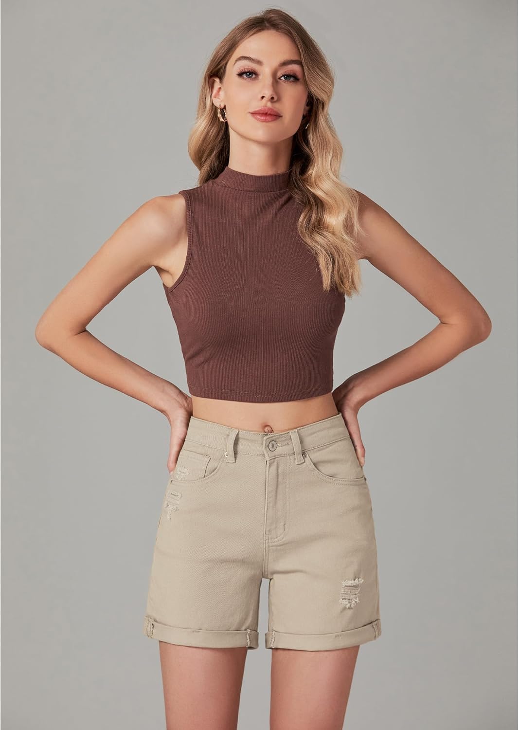 LookbookStore Jean Shorts Womens Stretchy High Waisted Ripped Denim Shorts with Pockets Trendy Distressed Cut Off Shorts - Image 2